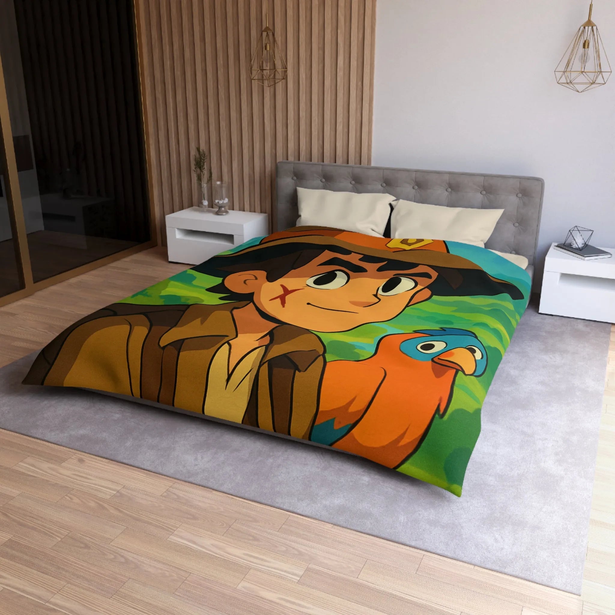 Housse de Couette Enfant Aventure Jungle avec Explorateur et Perroquet Coloré