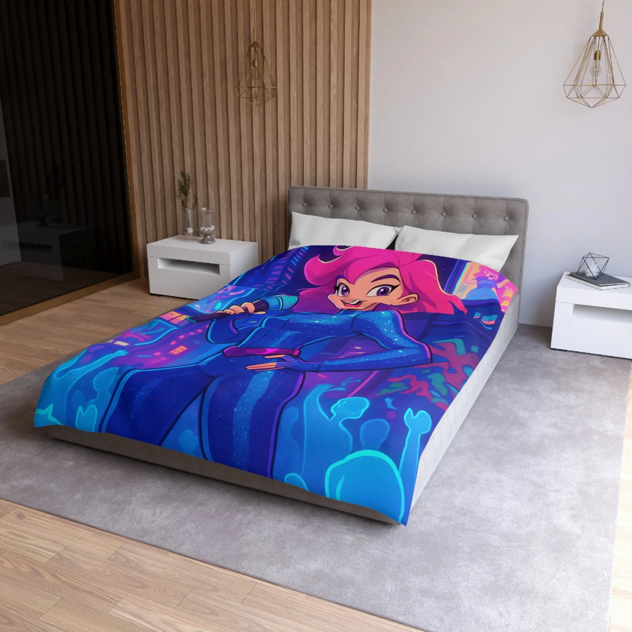 Housse de couette avec chanteuse animée en concert sur fond de ville illuminée