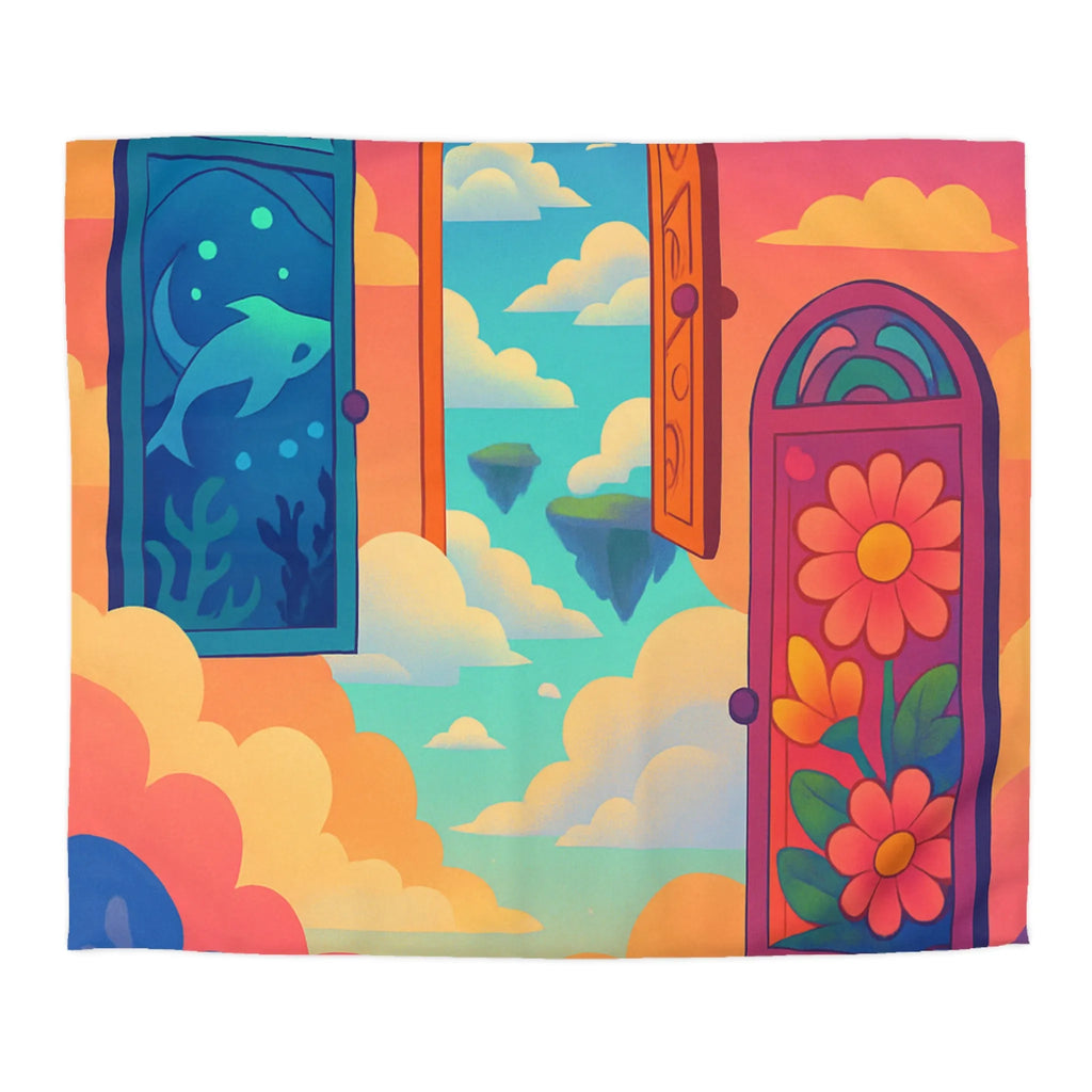 Housse de couette colorée avec trois portes magiques et paysages oniriques enchanteurs