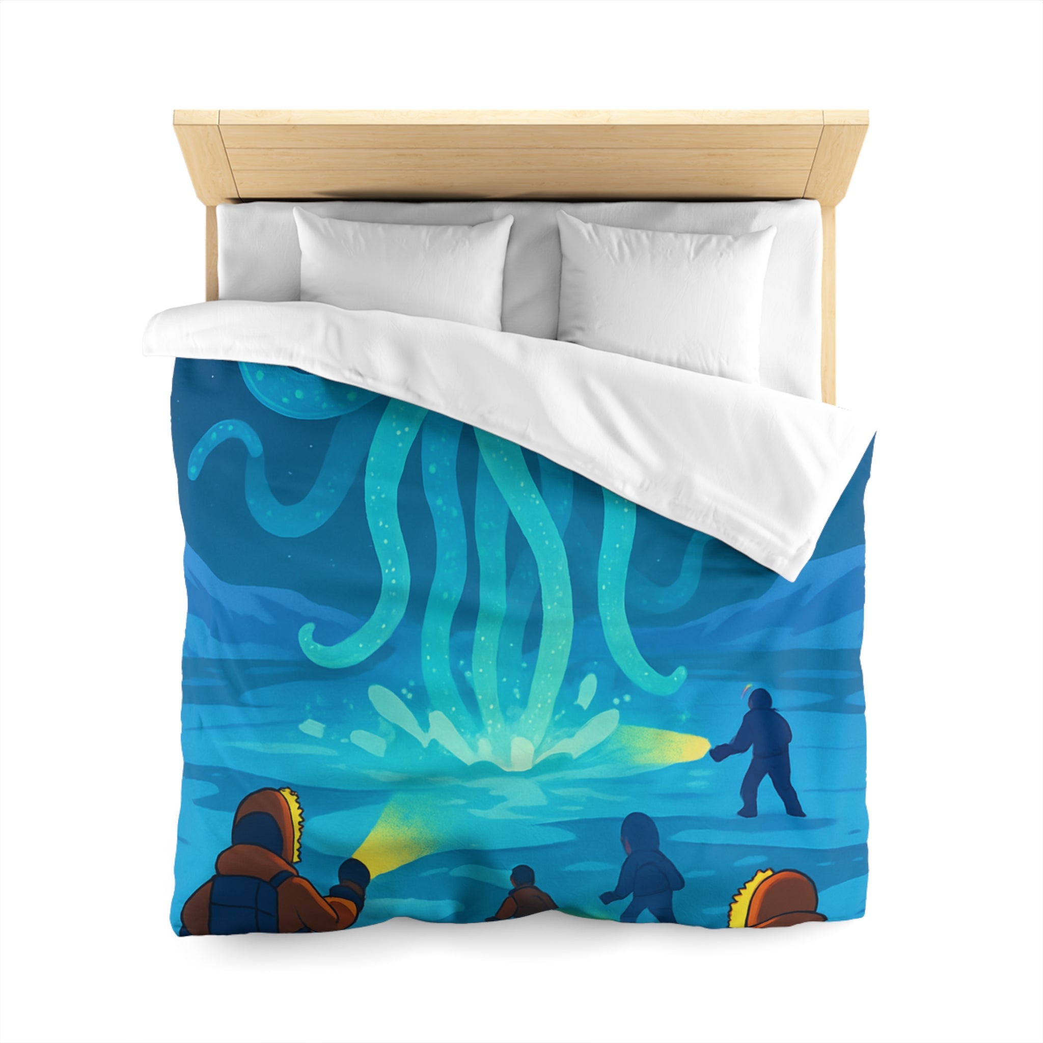 Nuit polaire avec pieuvre géante luminescente sous ciel étoilé et aventuriers en doudoune