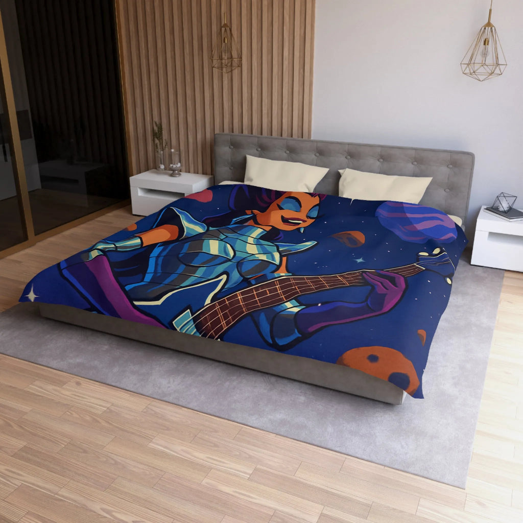 Housse de couette espace cosmique avec musicienne extraterrestre jouant de la guitare étoilée