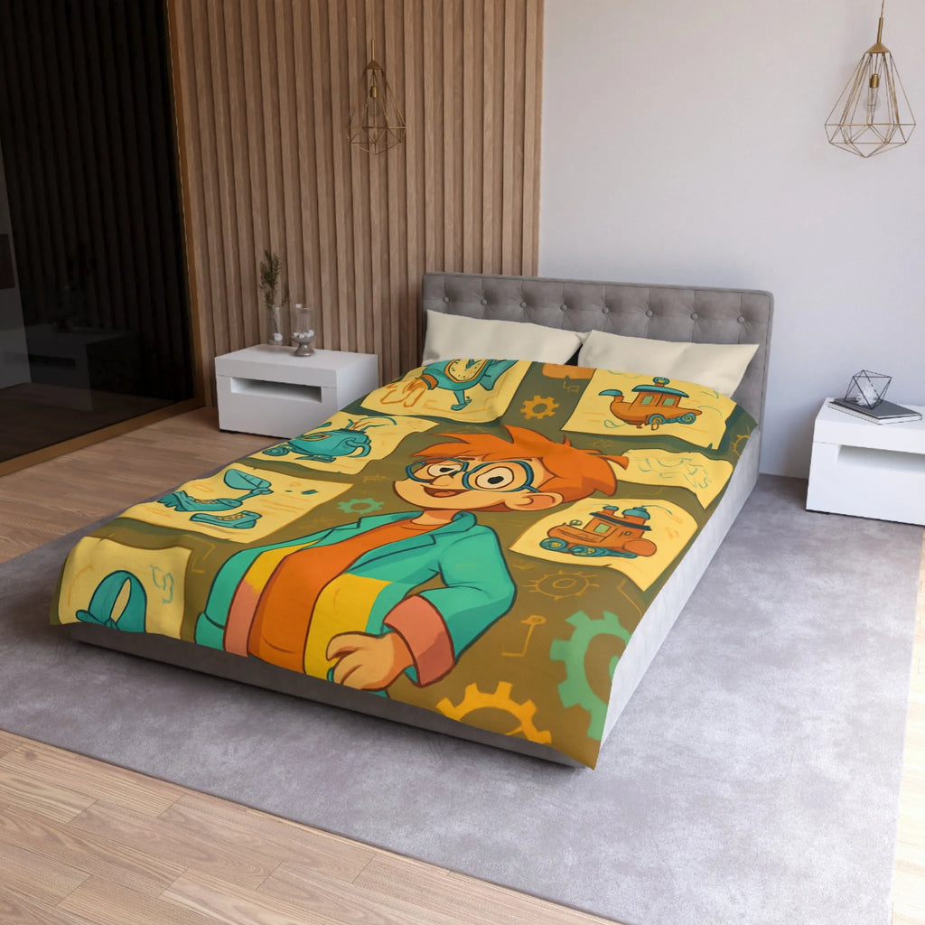 Housse de couette enfant motifs inventeur créatif pour chambre ludique et colorée