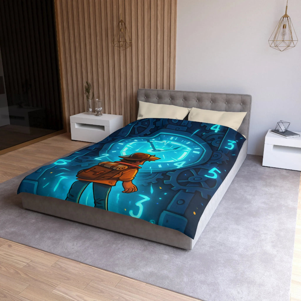 Housse de Couette Aventure Énigmatique Horloger Voyageur avec Éclairage Bleu Futuriste