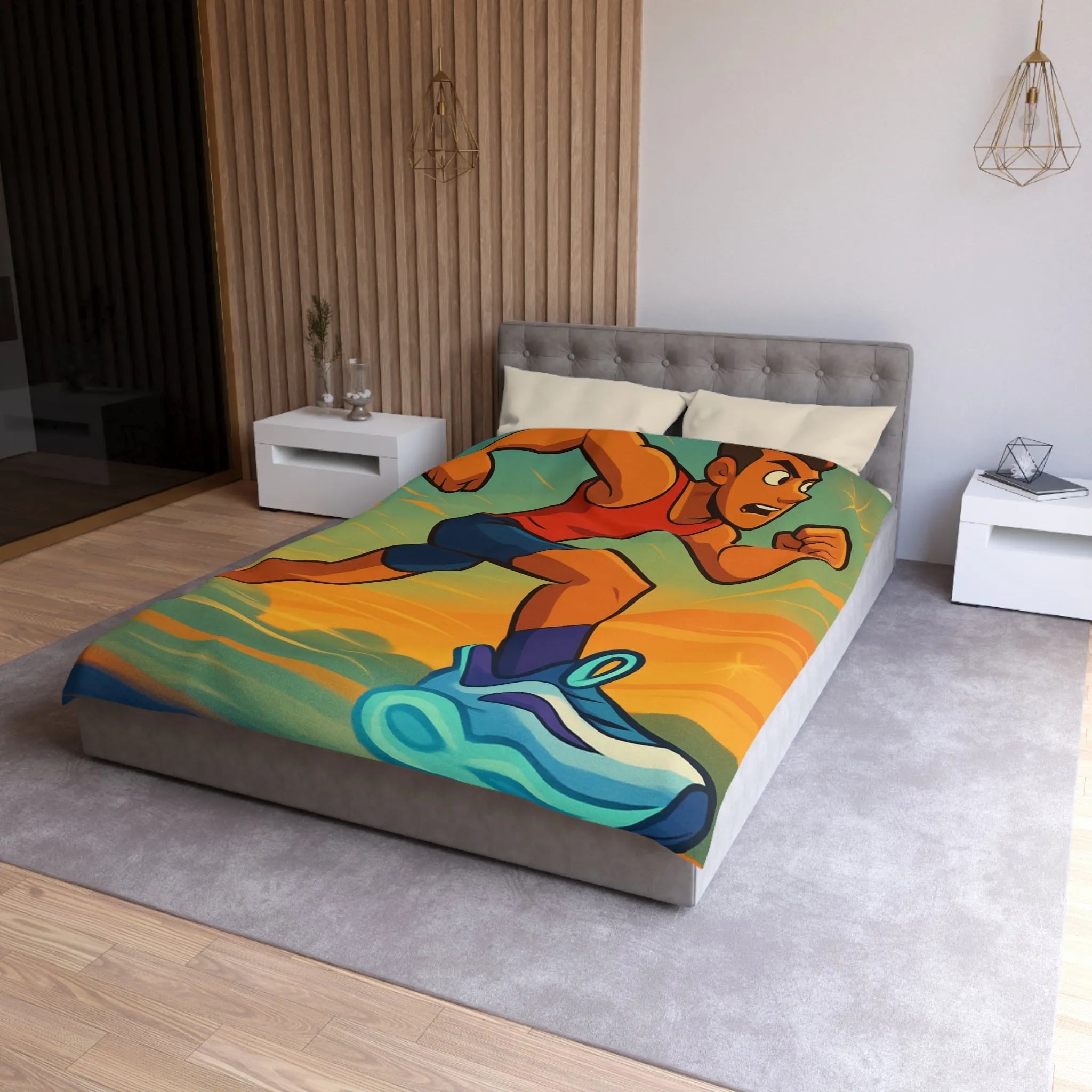 Housse de couette dynamique coureur stylisé accélérant sur fond d’énergie vibrante