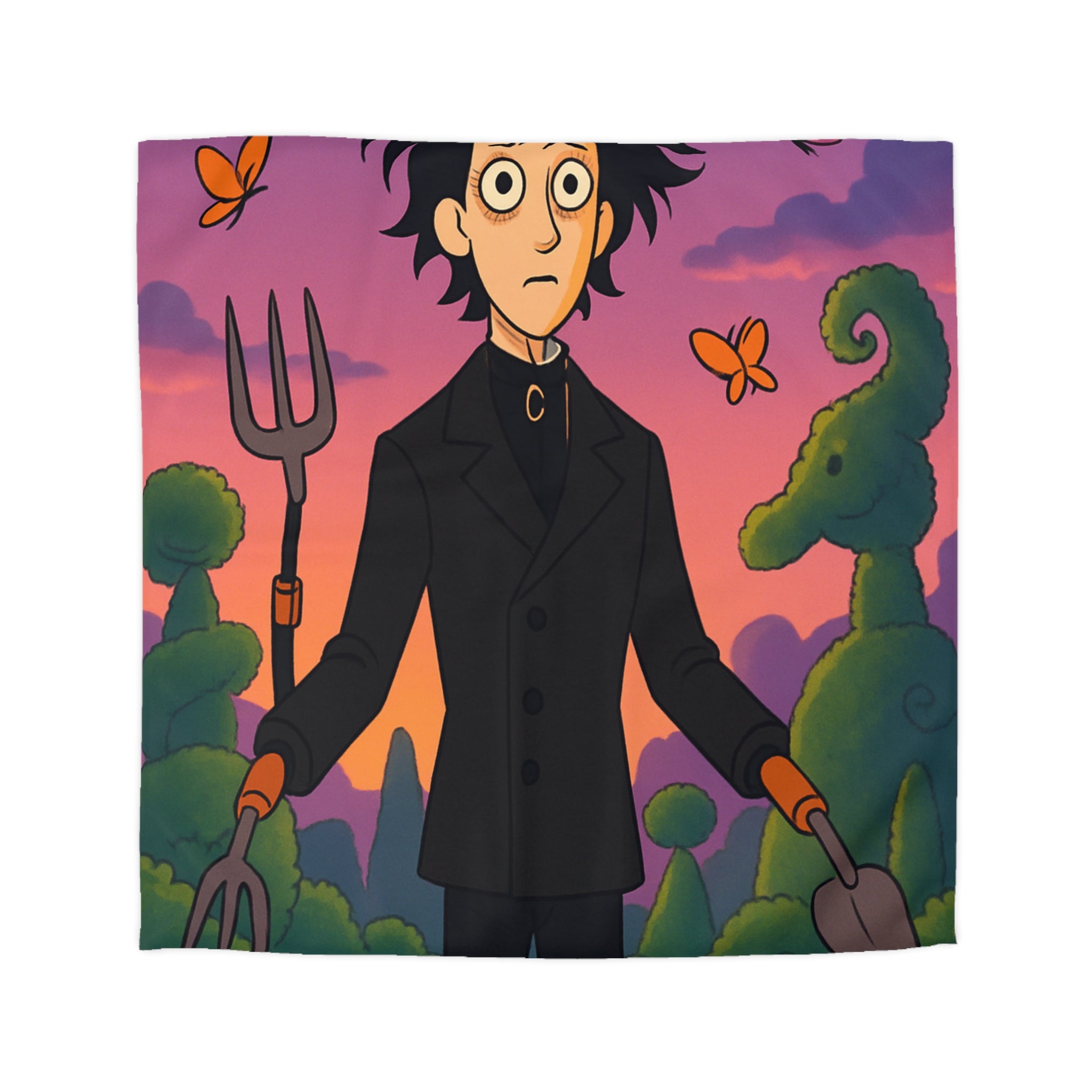 Housse de couette stylée avec personnage rêveur, jardin magique et papillons colorés