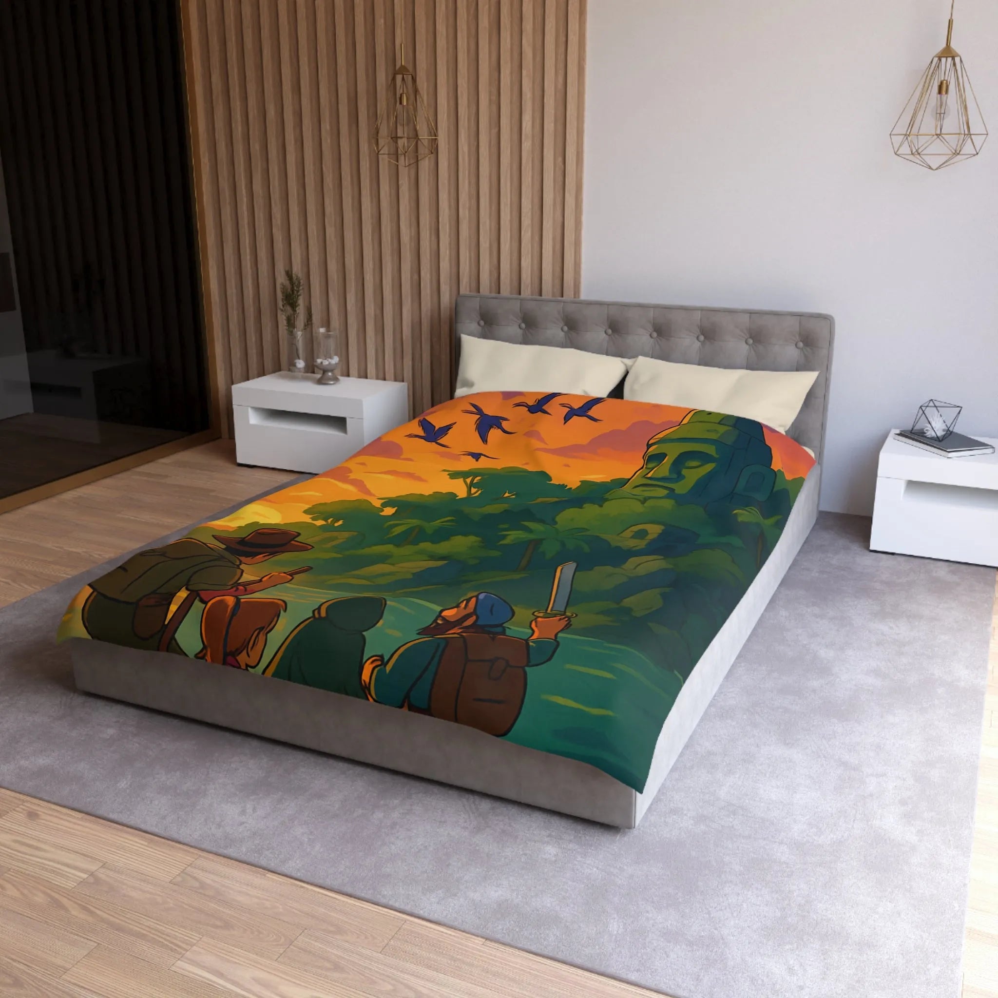 Housse de couette aventureuse avec scène tropicale au coucher du soleil et ruines mystérieuses