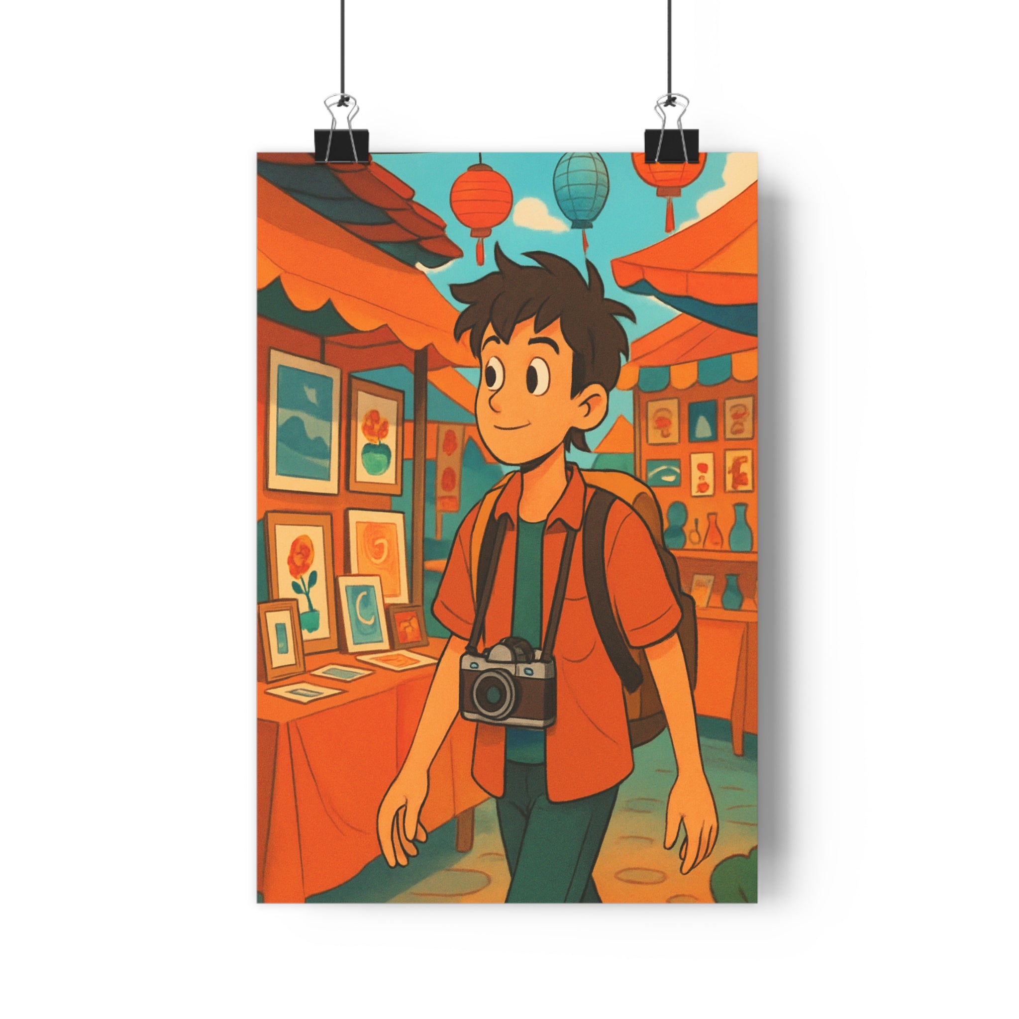 Poster décoratif marché coloré animé joyeux salon moderne art fleuri aventure peinture lanternes photo