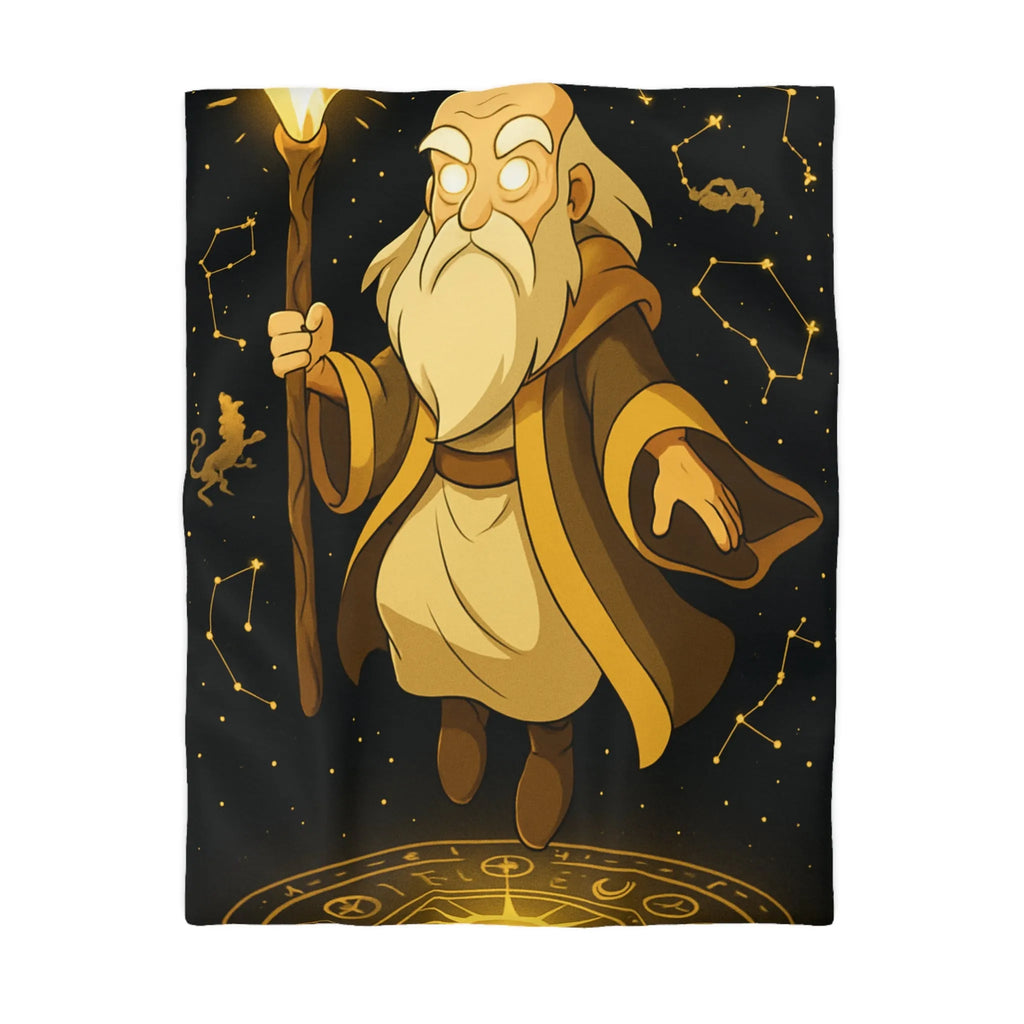 Housse de couette avec magicien illuminé et constellations dorées pour chambres enchantées