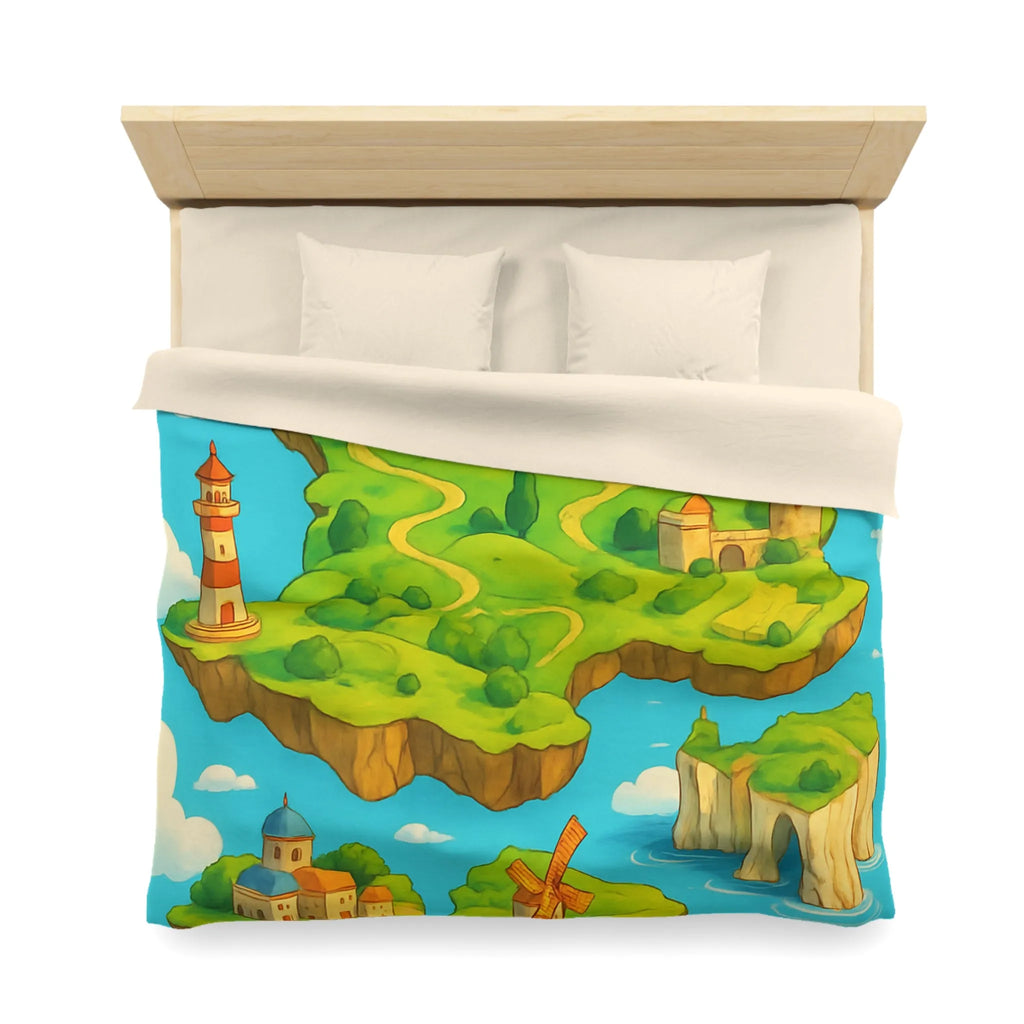 Housse de Couette Fantaisie Île Flottante Paysage Coloré Mer Moulins et Phare