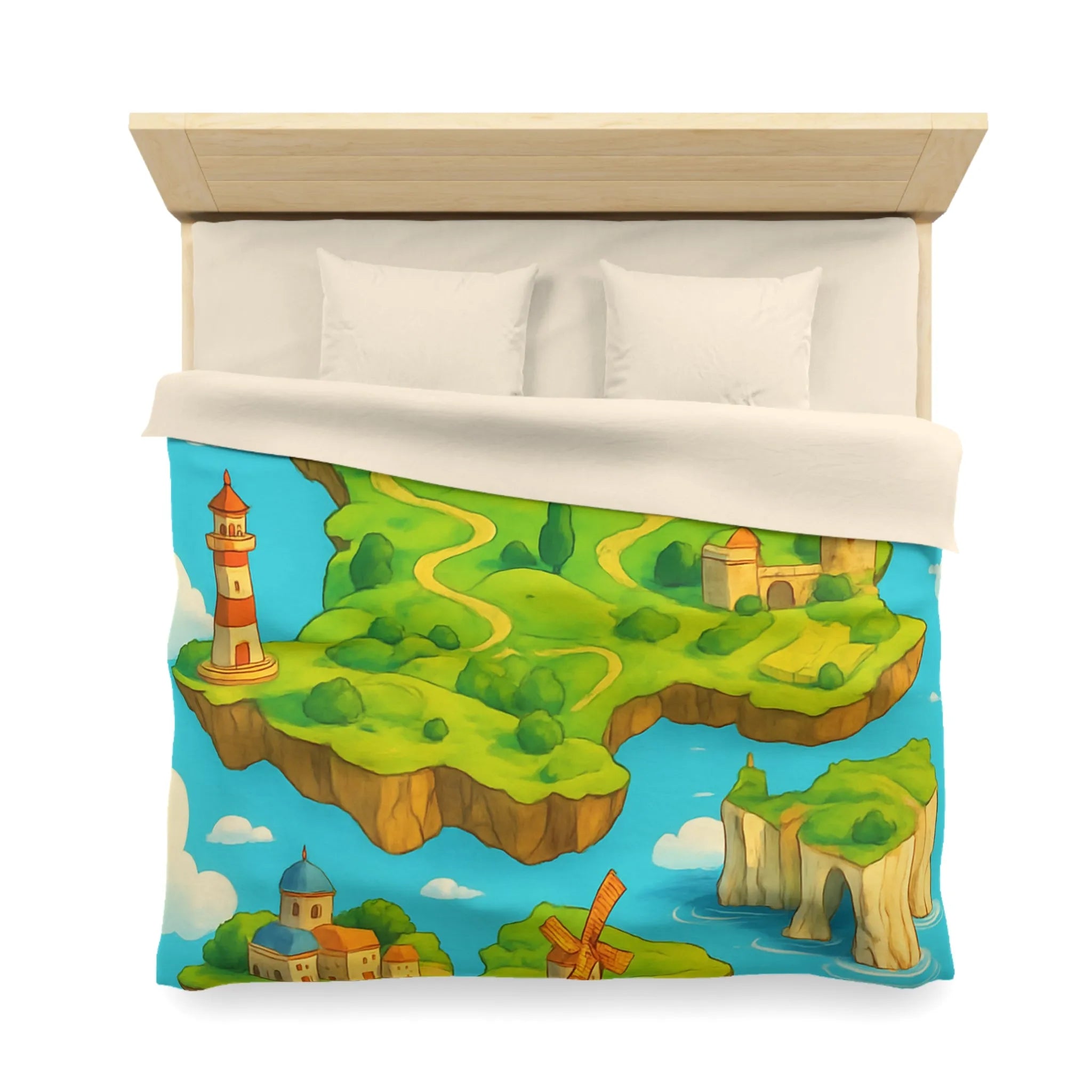 Housse de Couette Fantaisie Île Flottante Paysage Coloré Mer Moulins et Phare