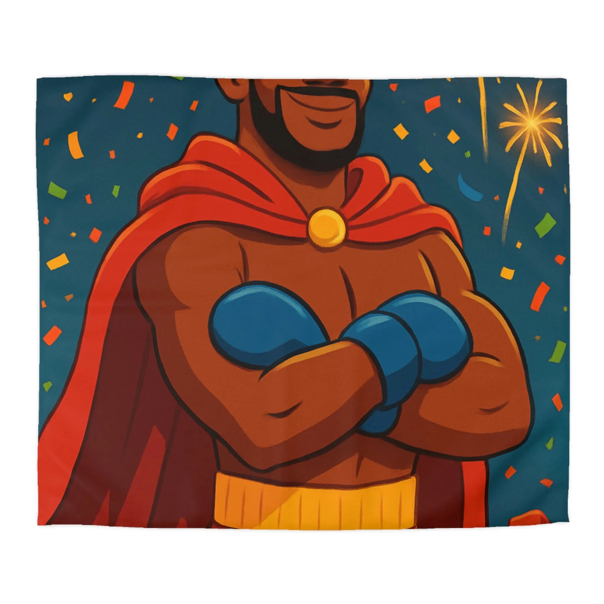Housse de couette colorée avec boxeur couronné, cape rouge et feux d'artifice
