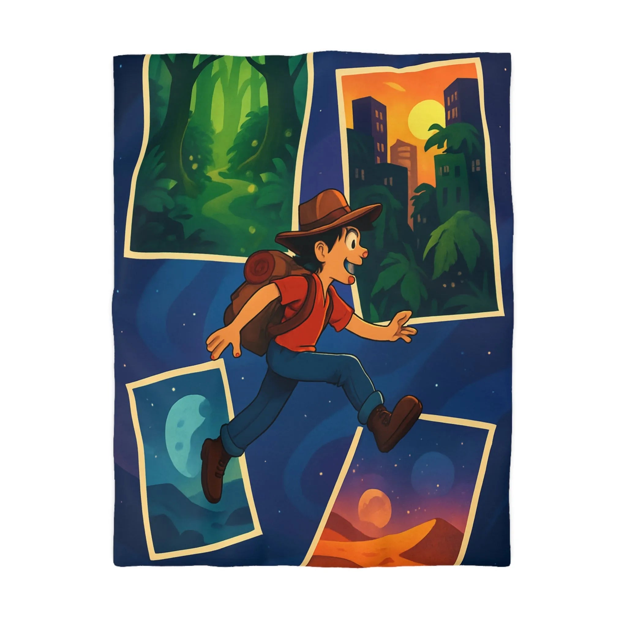 Housse de couette colorée avec illustrations d'aventure forêt, ville, désert, espace