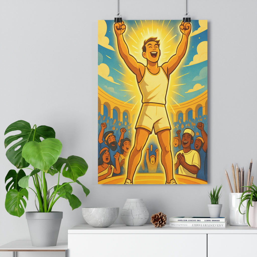 Poster décoratif athlète triomphe cartoon classique bleu jaune joyeux sport chambre format 30x46 qualité