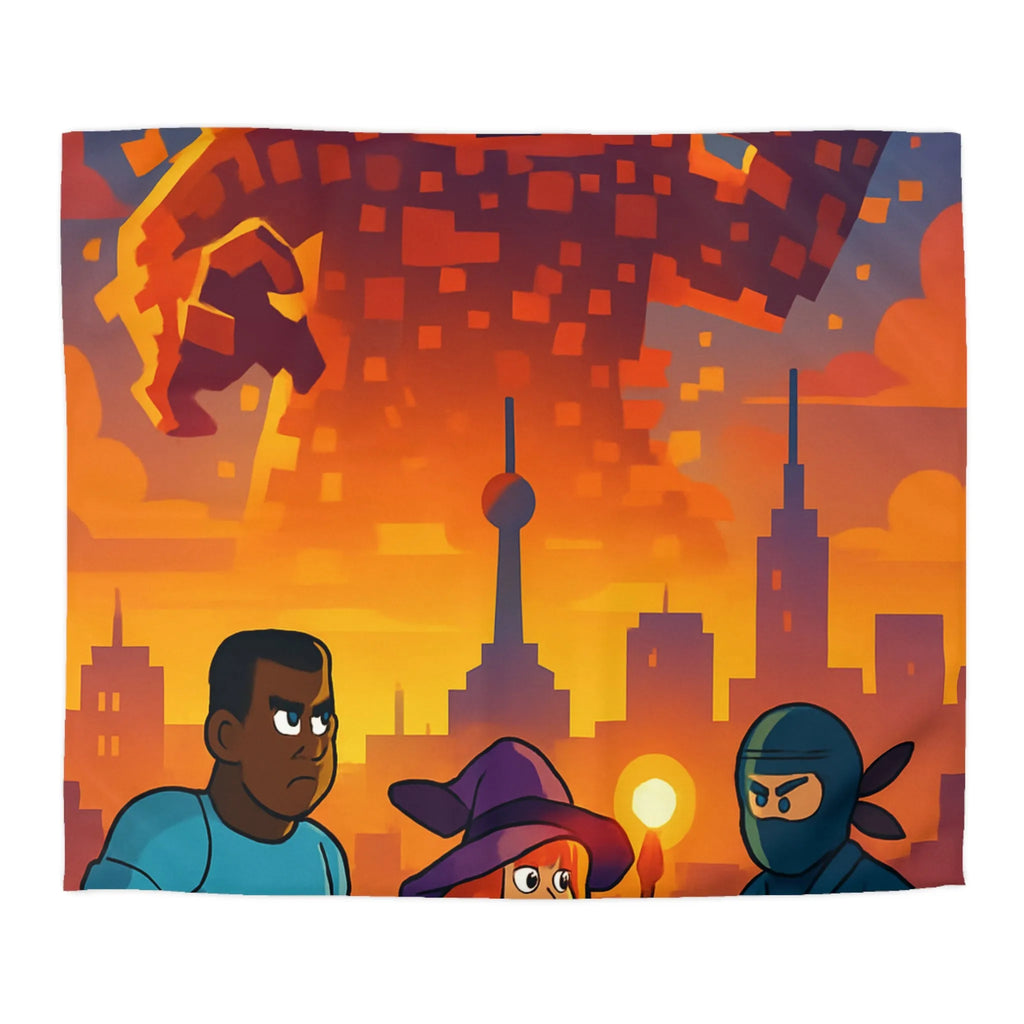 Housse de Couette Fantaisie : Héros Urbains Face à un Colosse Pixelisé Orange