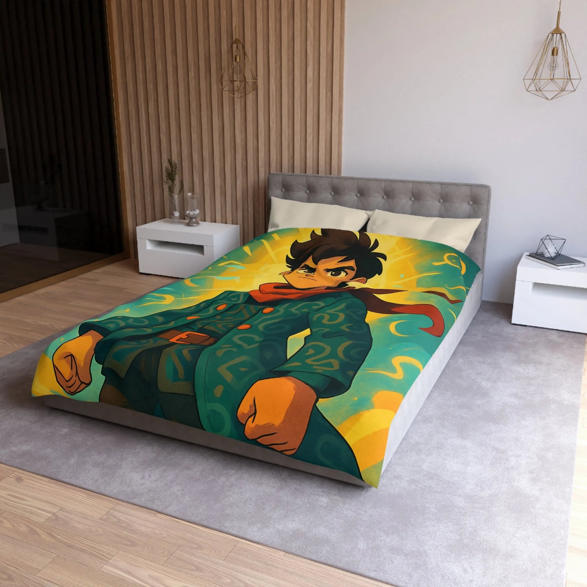 Éclatante illustration magique pour housse de couette avec personnage courageux et motifs abstraits colorés