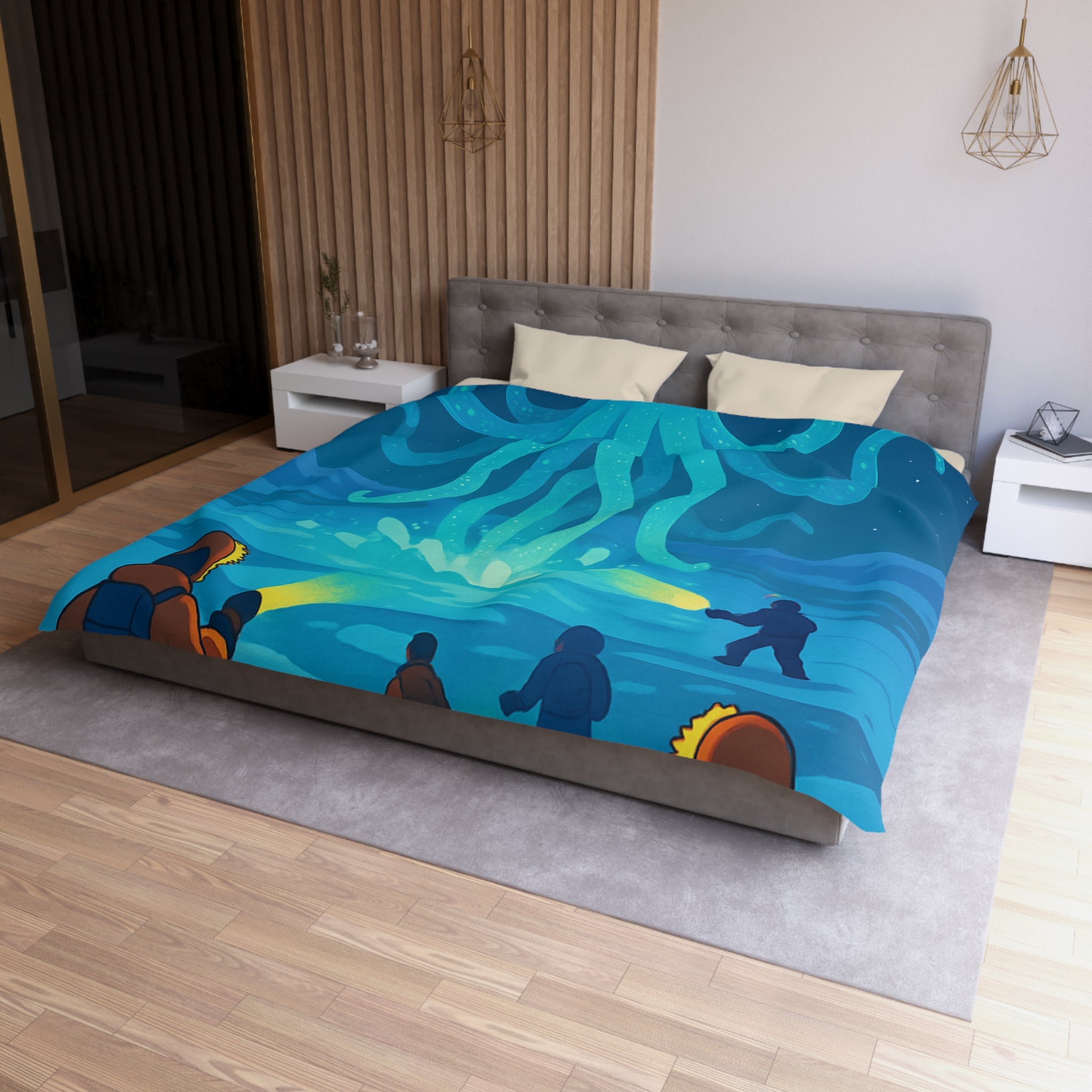 Nuit polaire avec pieuvre géante luminescente sous ciel étoilé et aventuriers en doudoune