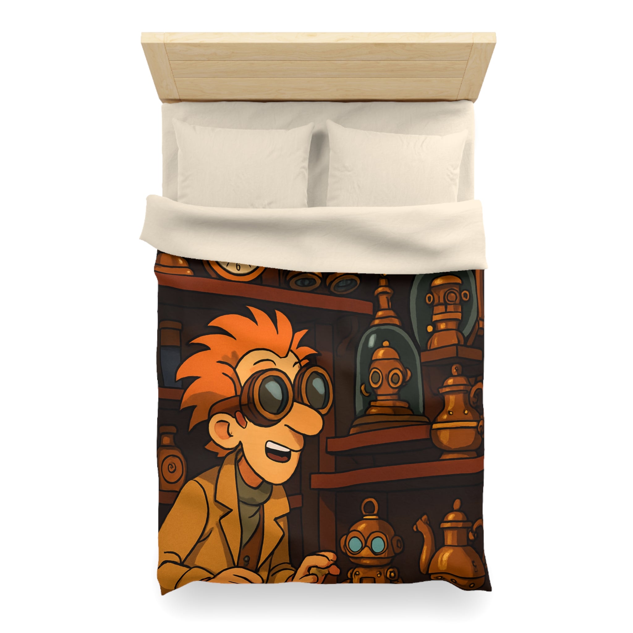 Housse de couette steampunk avec engrenages dorés et inventeur aux lunettes futuristes