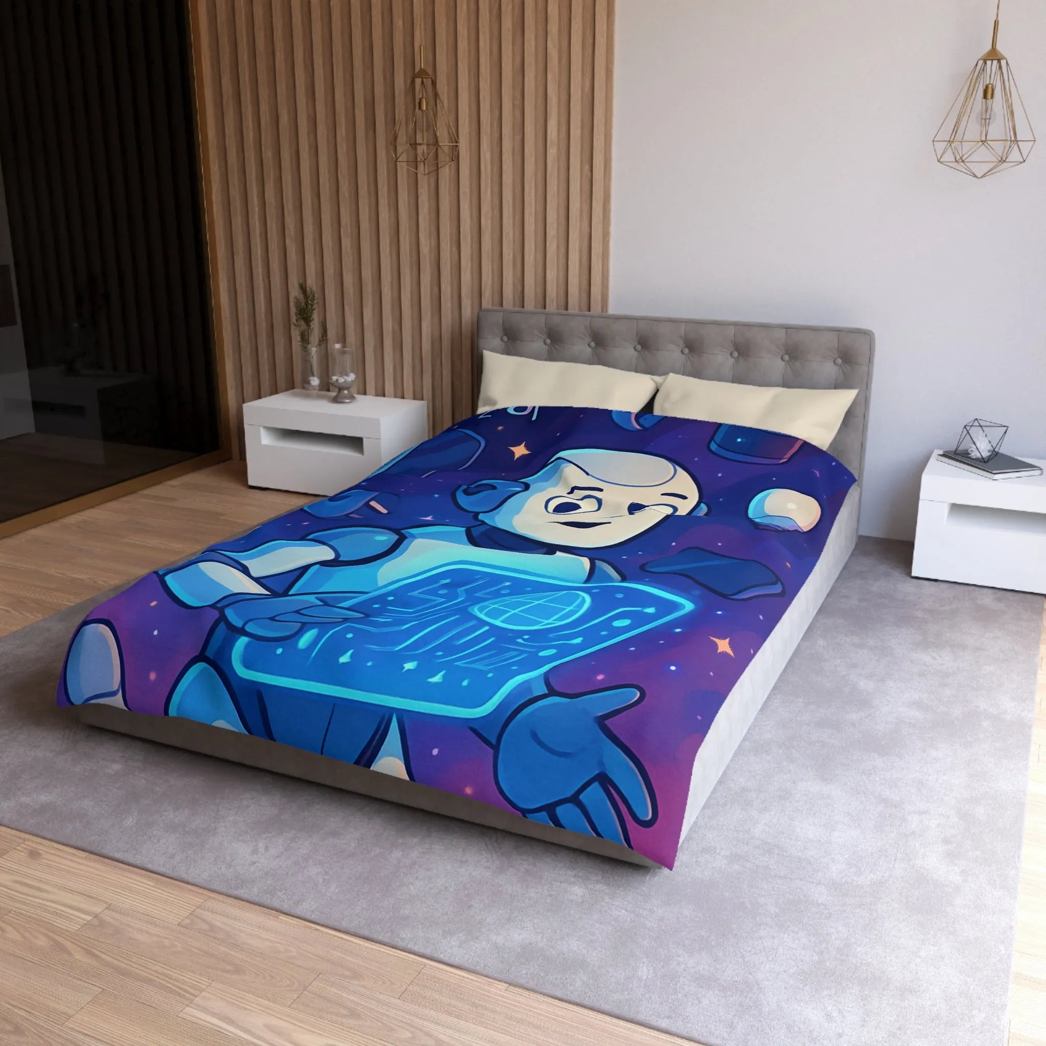 Housse de Couette Futuriste avec Robot et Gadgets Technologiques pour Chambre Moderne