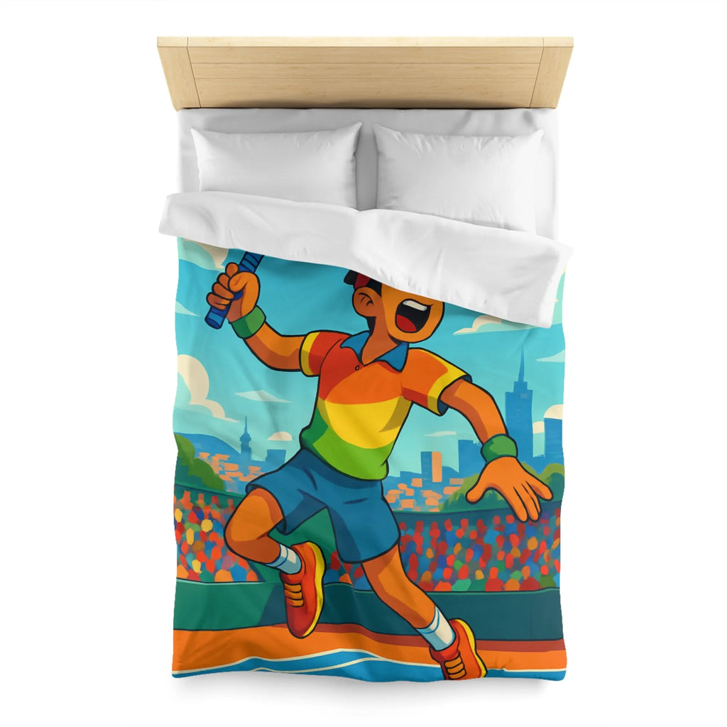 Housse de couette colorée avec joueur de tennis sautant en plein match estival