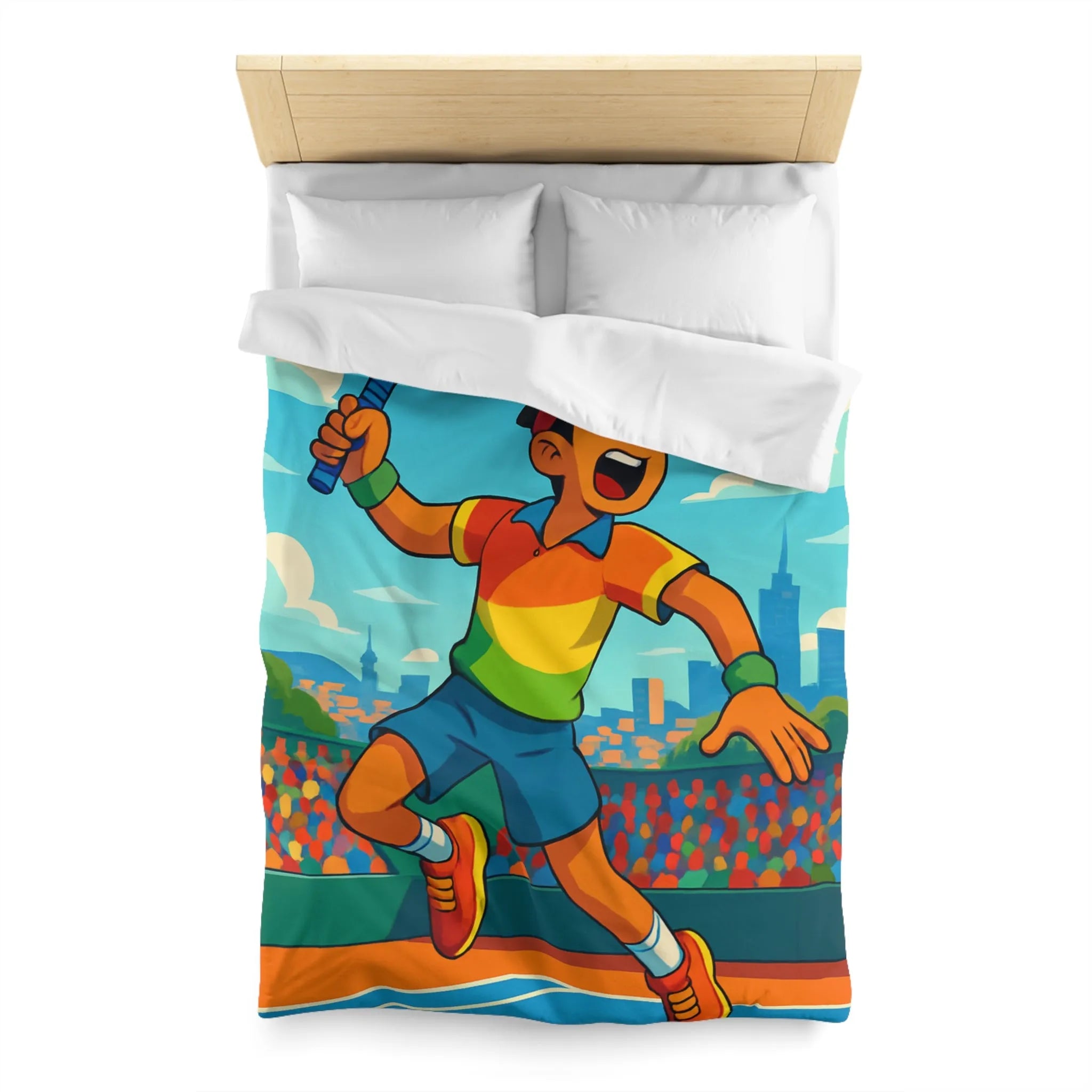 Housse de couette colorée avec joueur de tennis sautant en plein match estival