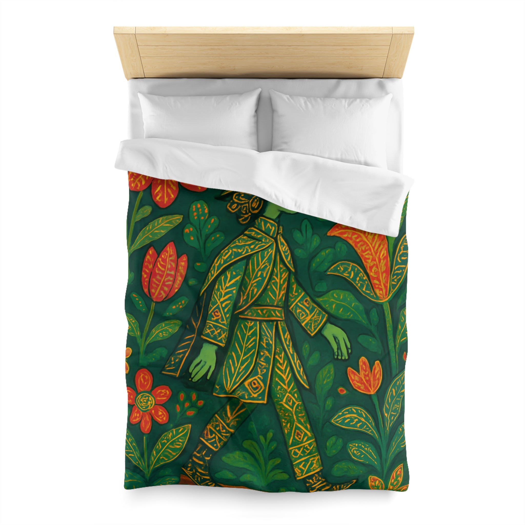 Housse de couette vibrante avec motif botanique et personnage en marche serein