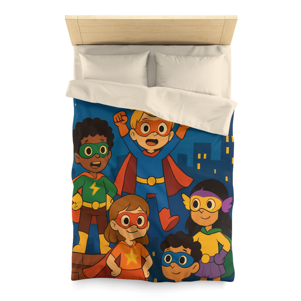 Super-héros Enfants Volant Nuit Ciel Étoilé Ville Amis Confiants Housse de Couette Colorée