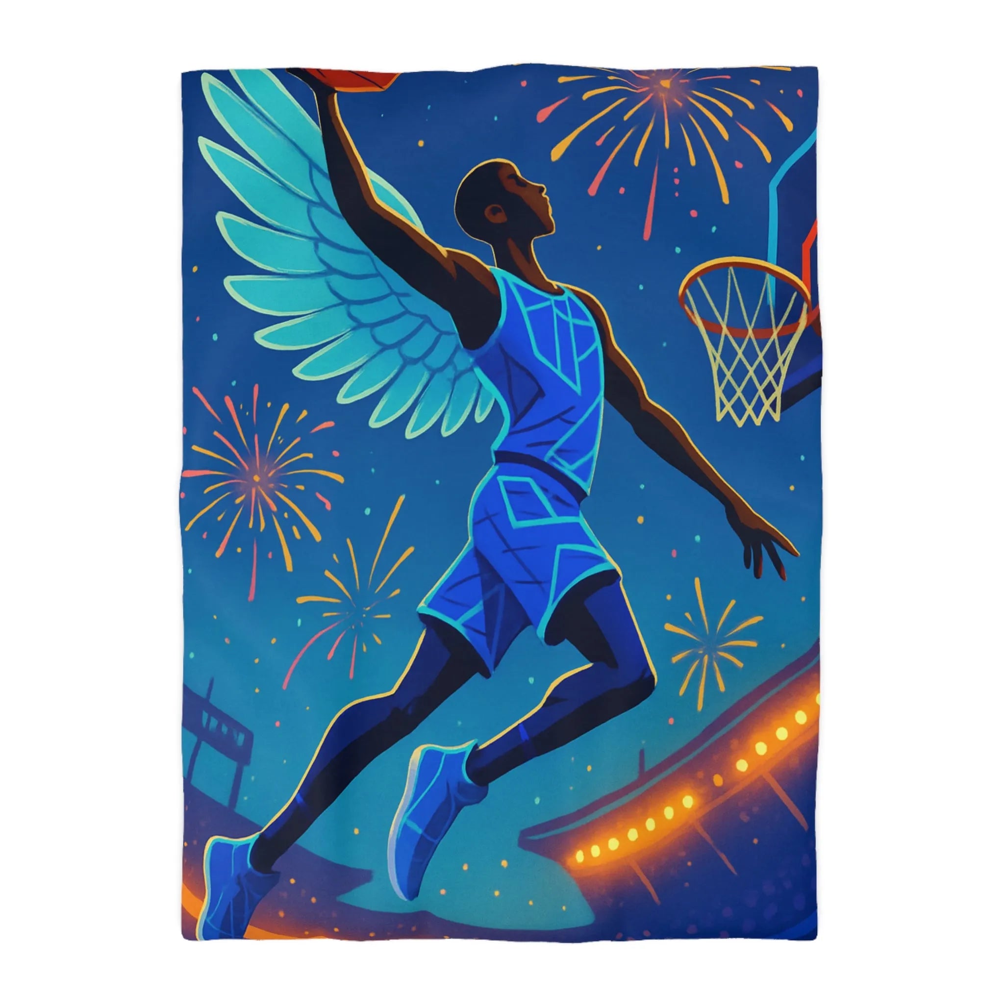 Housse de couette avec joueur de basket volant sous un ciel étoilé lumineux