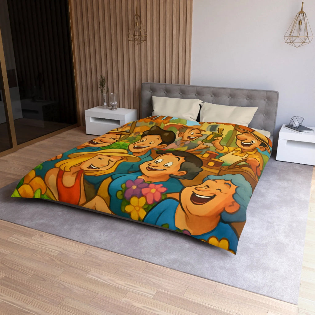 Housse de couette avec illustration joyeuse d'un marché animé et coloré