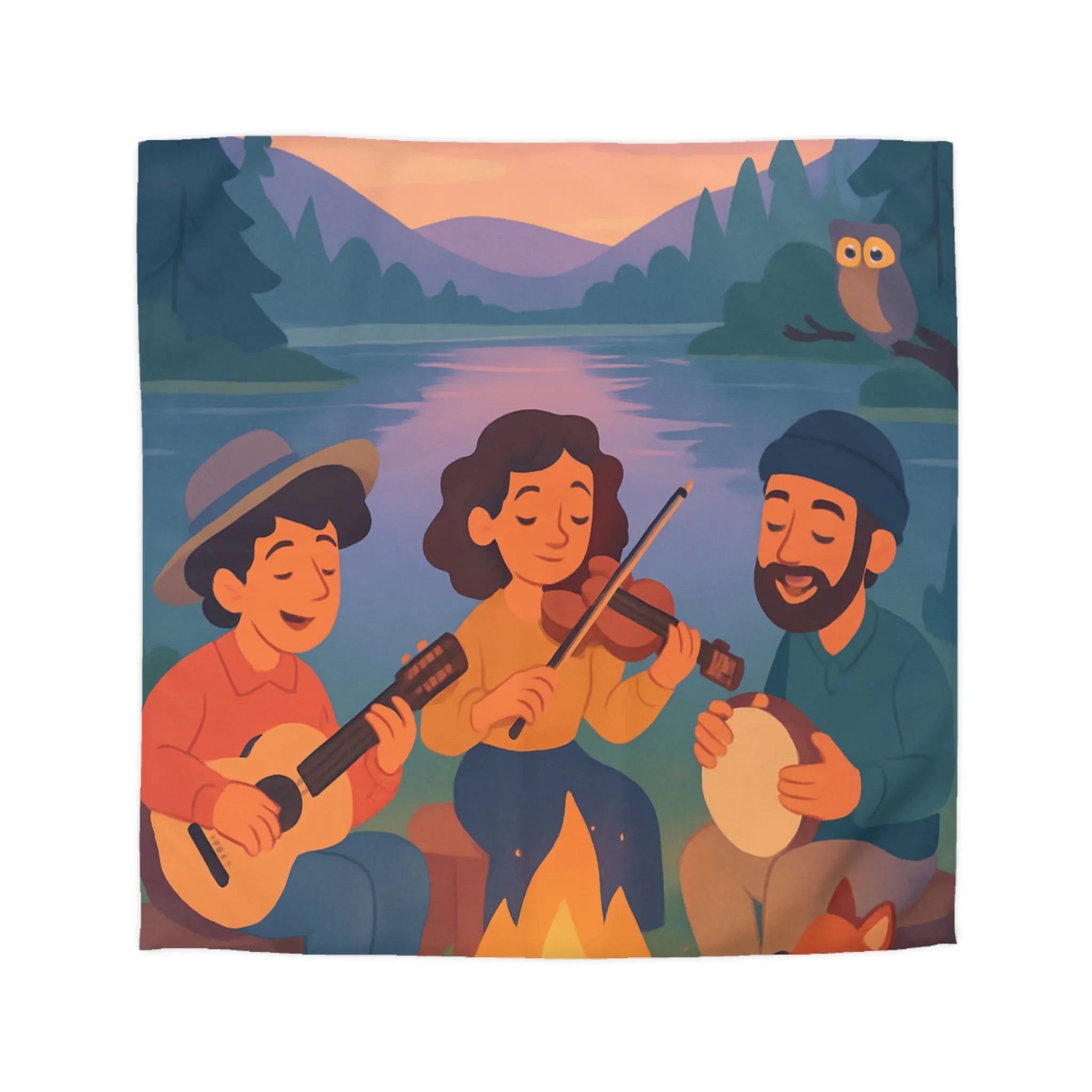 Housse de Couette avec Musiciens et Animaux Près du Feu de Camp au Crépuscule