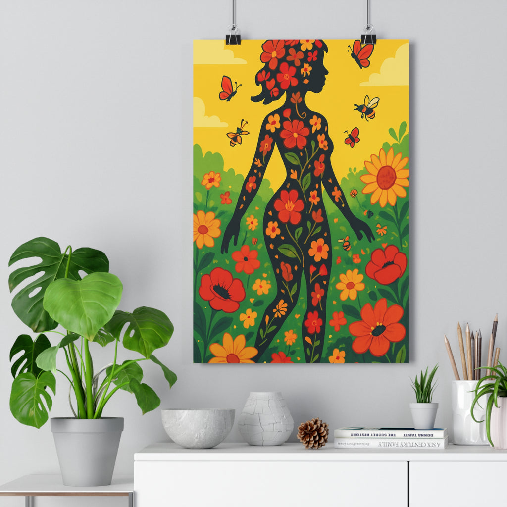 Poster décoratif fantaisie botanique floral jaune rouge vert joyeux salon chambre moderne charme artistique