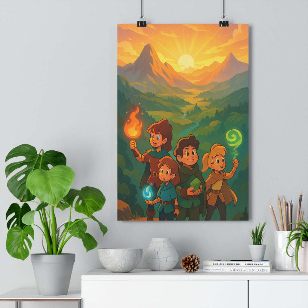 Poster décoratif épique cartoon aventurier magique couleurs mystique salon chambre enfant voyage forêt montagne