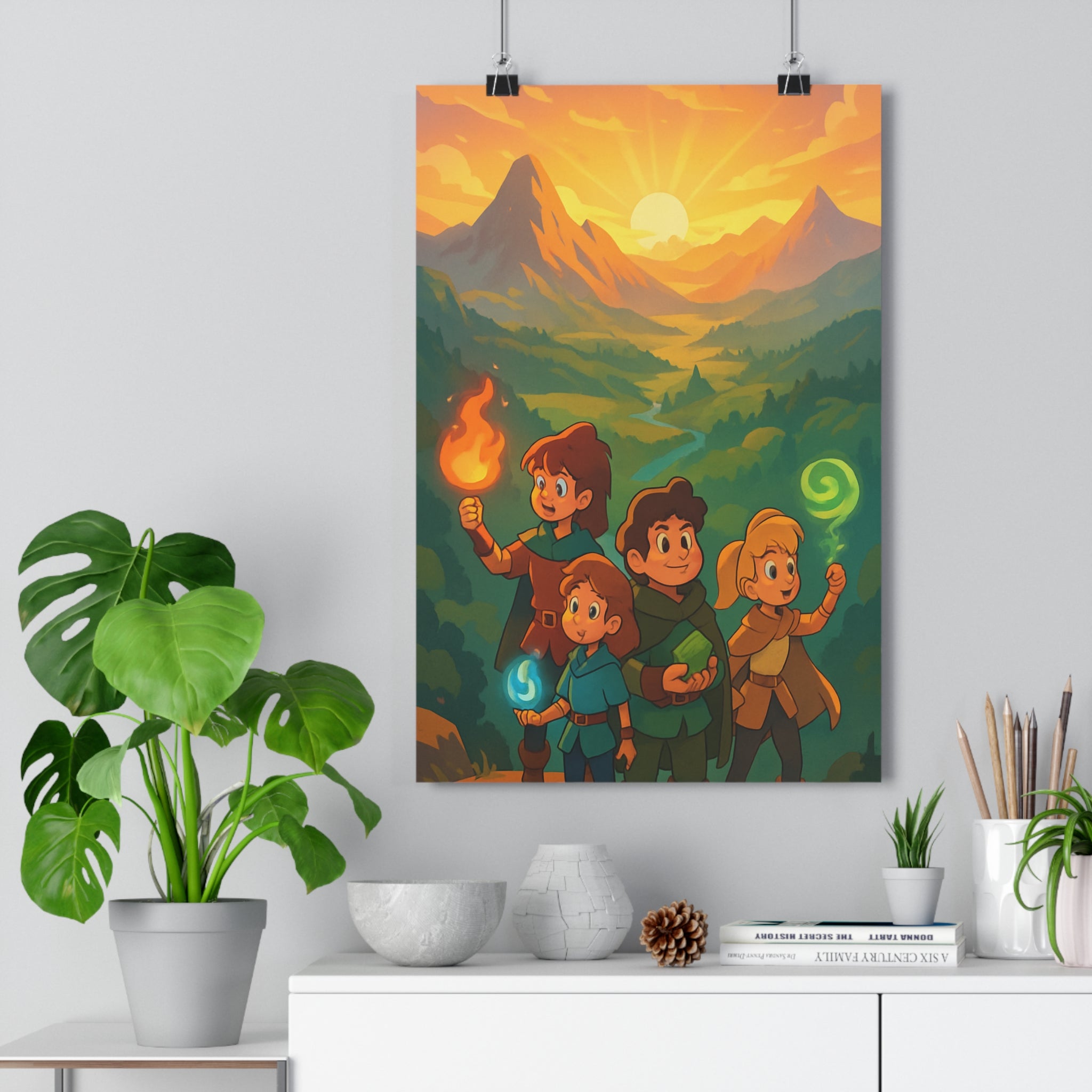 Poster décoratif épique cartoon aventurier magique couleurs mystique salon chambre enfant voyage forêt montagne