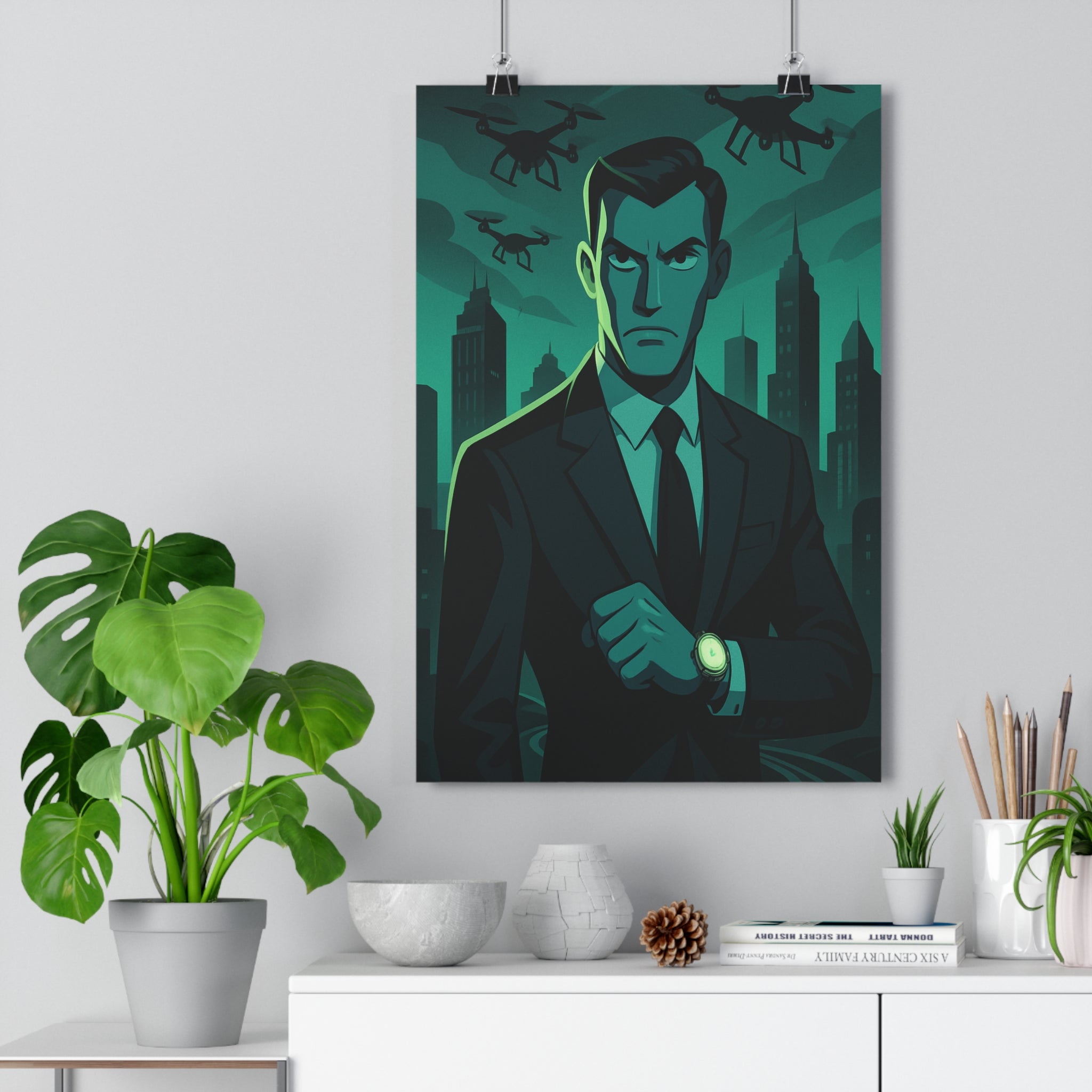 Poster décoratif homme costume sombre moderne film noir vert noir mystère intrigue salon 30x46