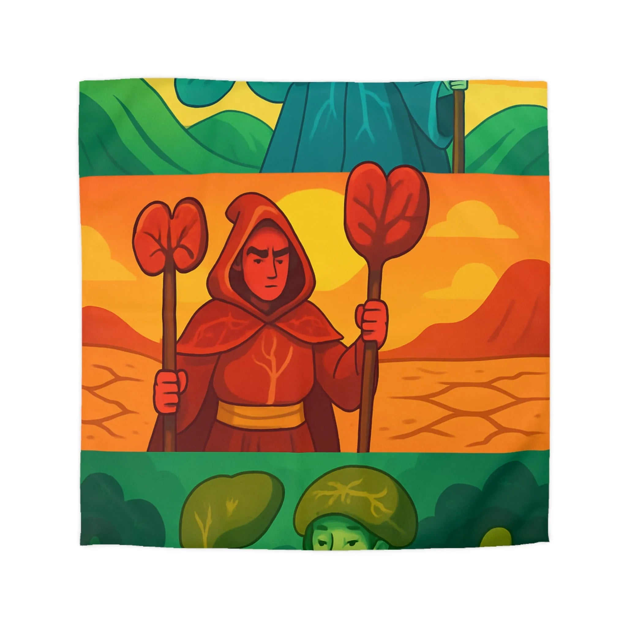 Housse de couette colorée avec trois mages, nature et paysages stylisés, ambiance apaisante
