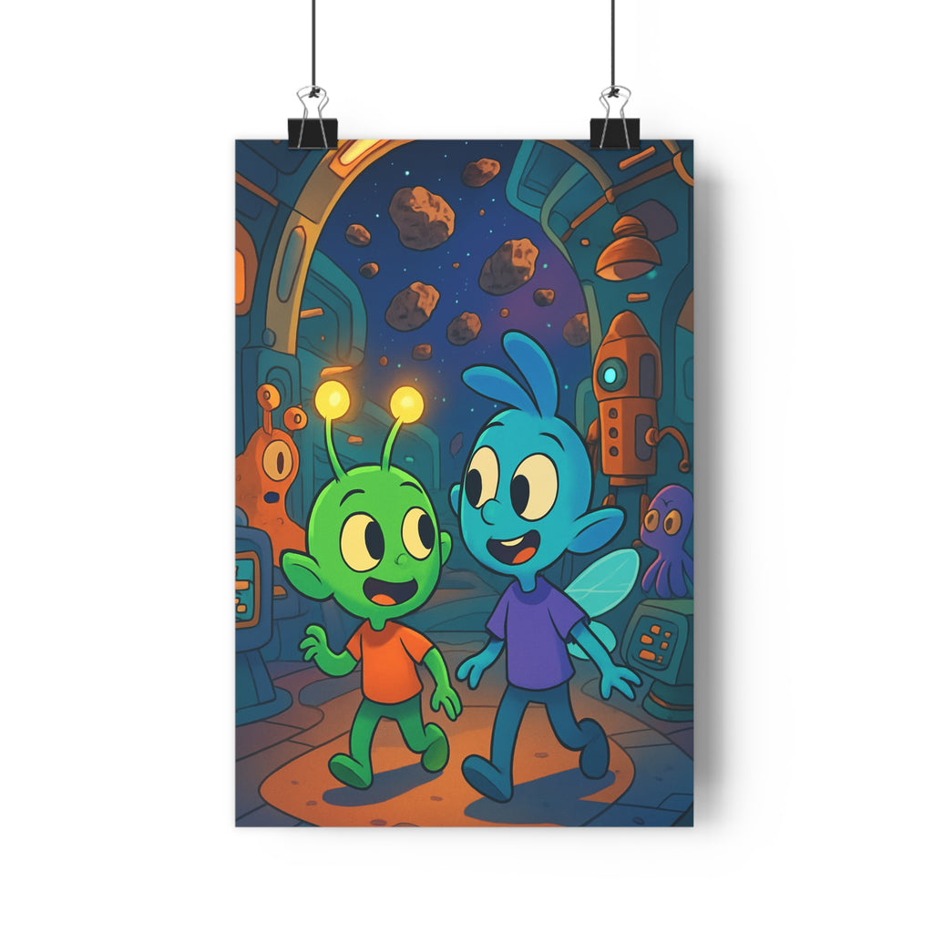 Poster décoratif coloré cartoon extraterrestre aventure alien vert bleu chambre enfant joyeux futuriste étoilé