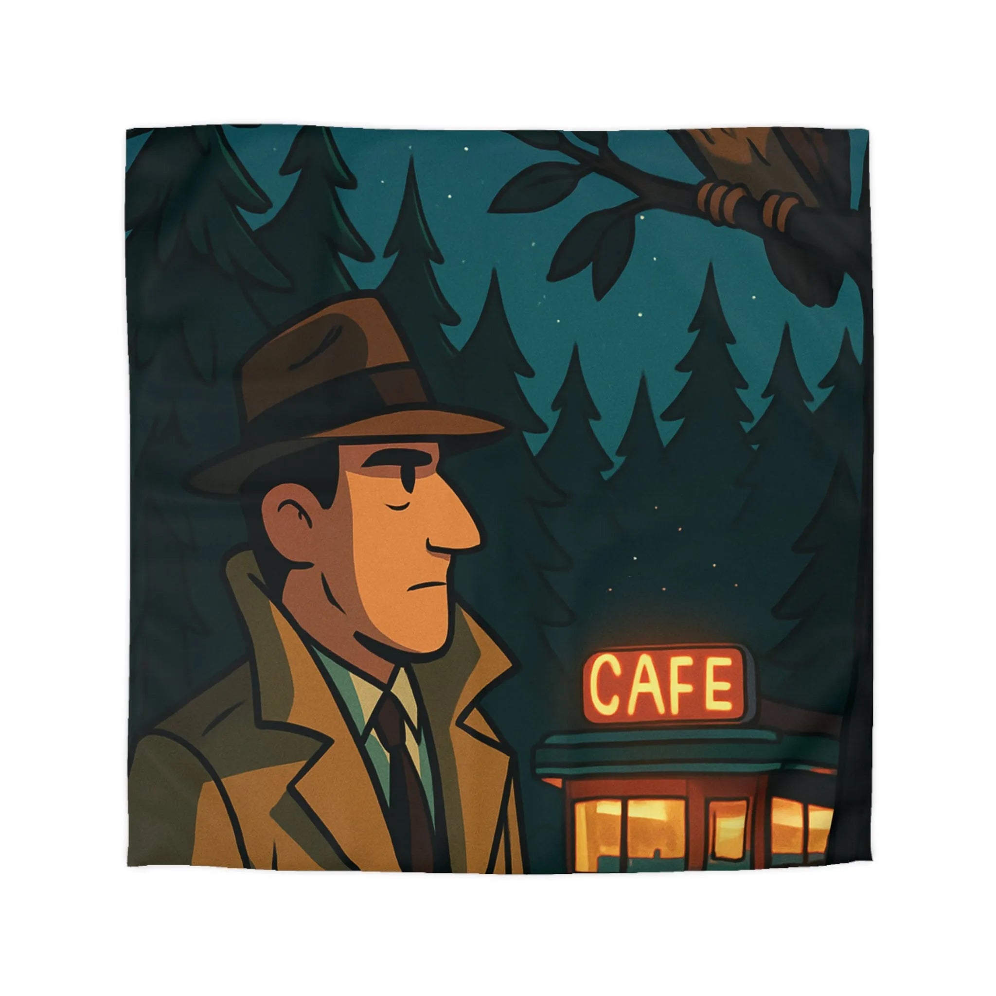 Housse de couette illustrée détective vintage, hibou mystérieux, forêt nocturne, café enchanteur