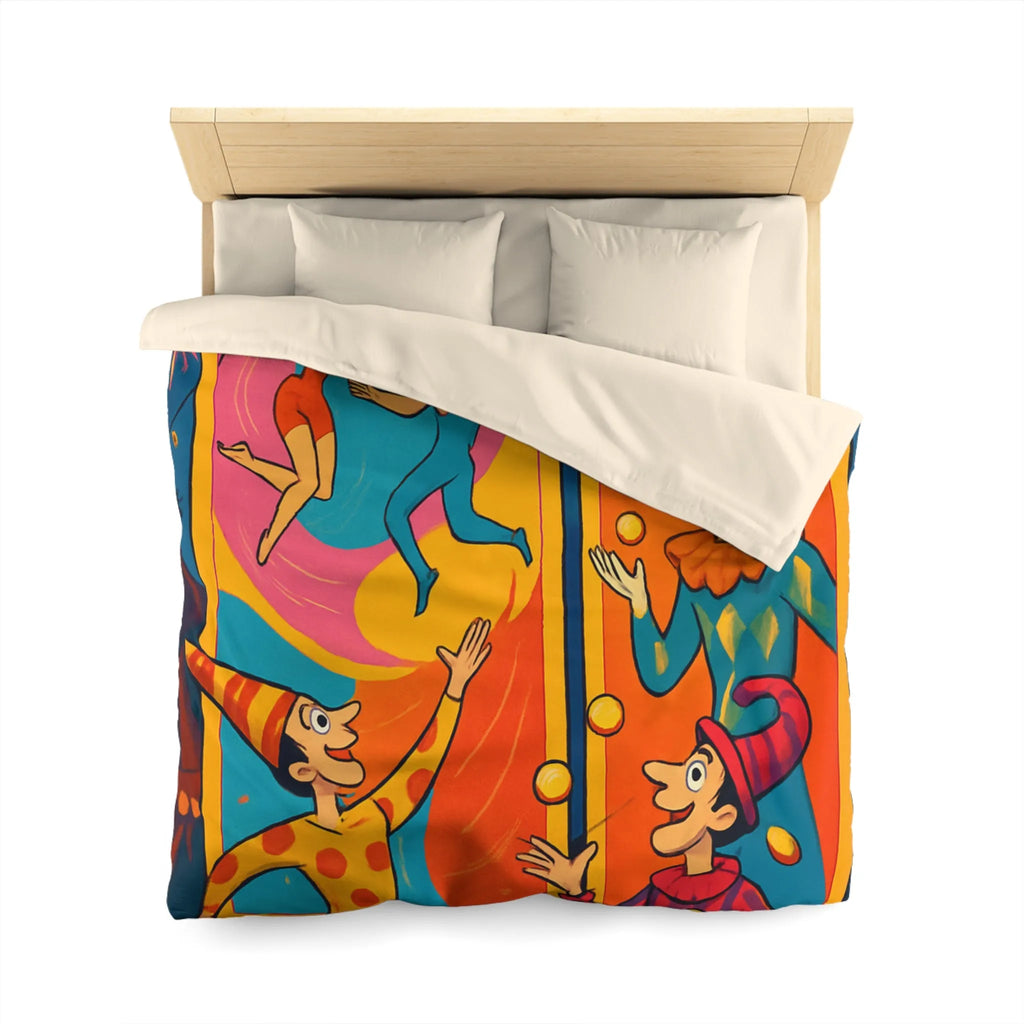 Housse de couette colorée avec jongleurs et acrobates, ambiance festive et joyeuse