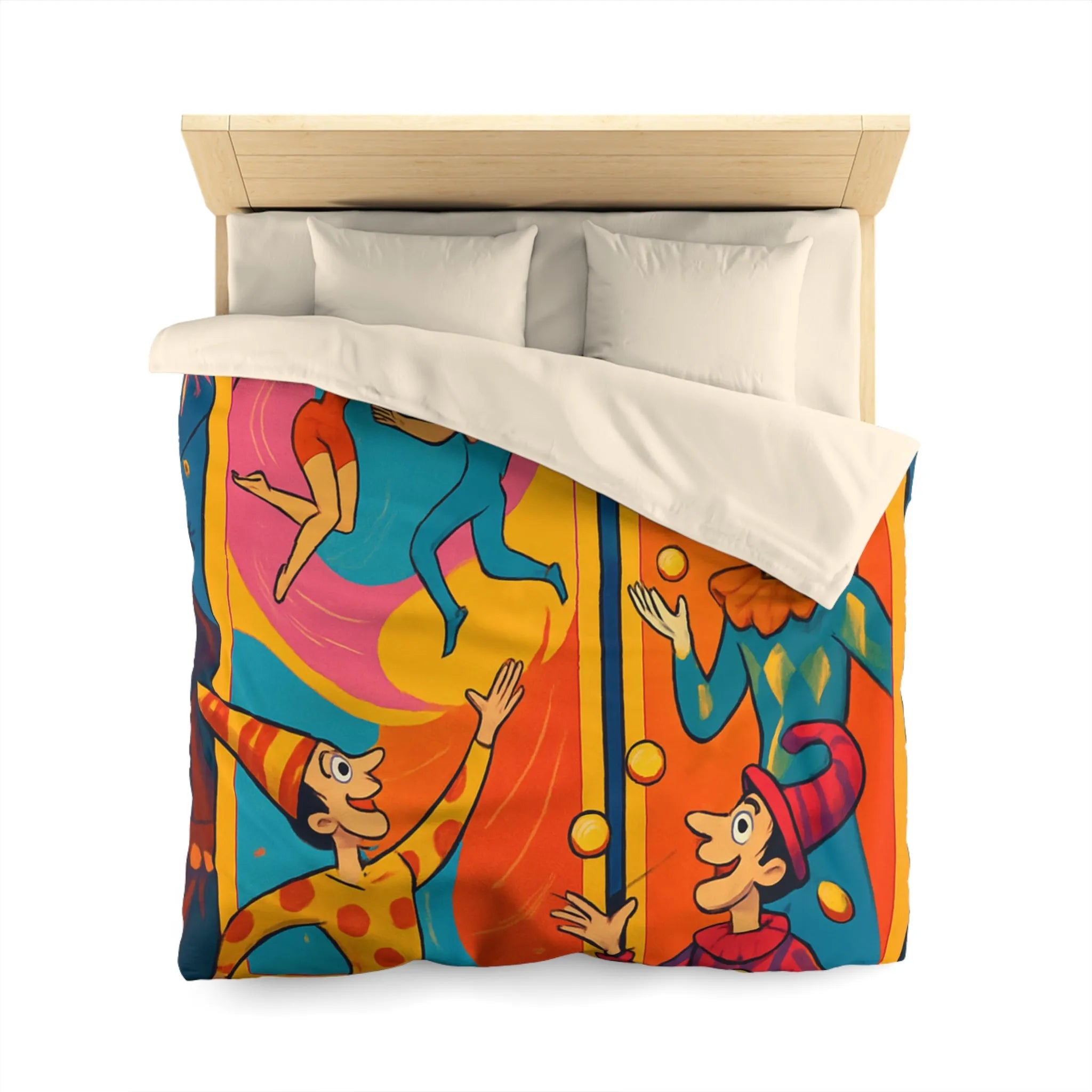 Housse de couette colorée avec jongleurs et acrobates, ambiance festive et joyeuse