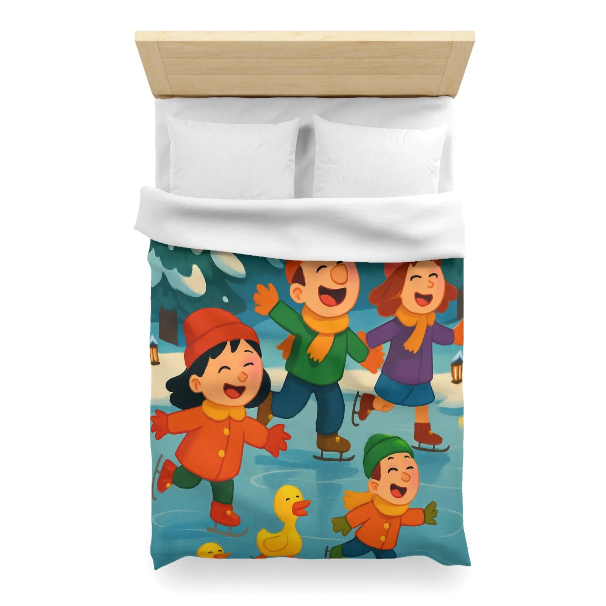 Housse de couette hiver joyeuse avec enfants et petits canards patinant sur glace