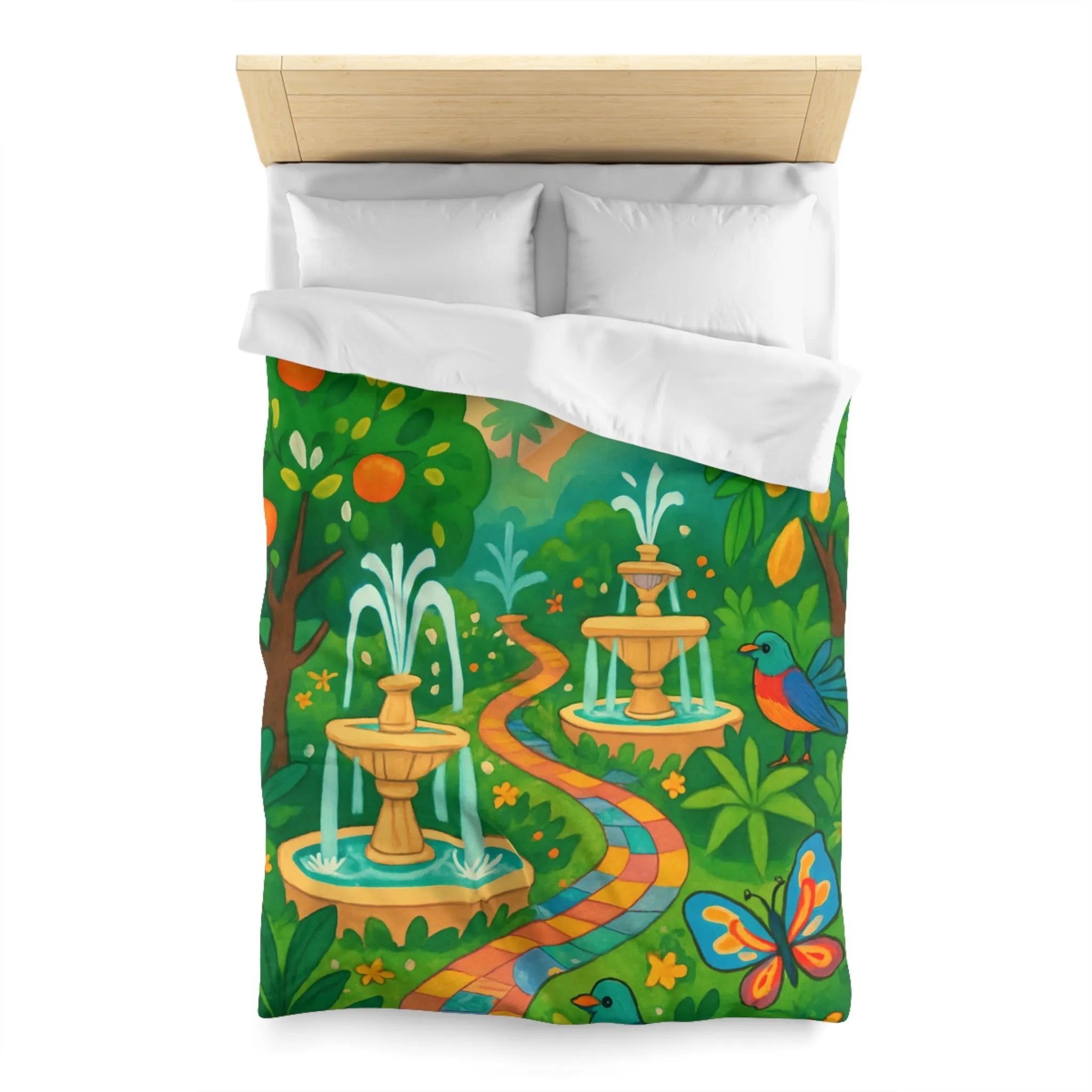 Housse de couette colorée avec oiseaux et fontaines dans jardin tropical vibrant