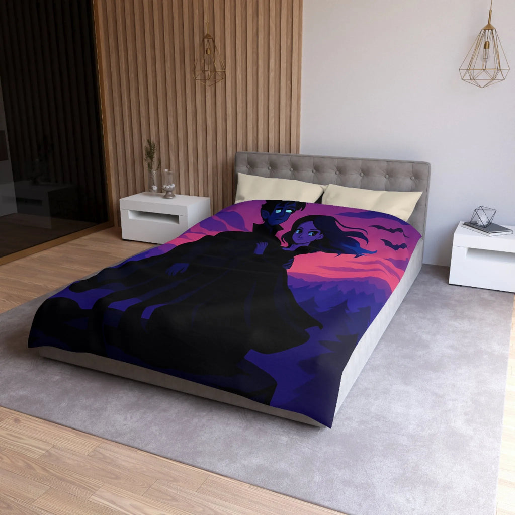 Housse de couette élégante avec couple mystique sous ciel vibrant au crépuscule