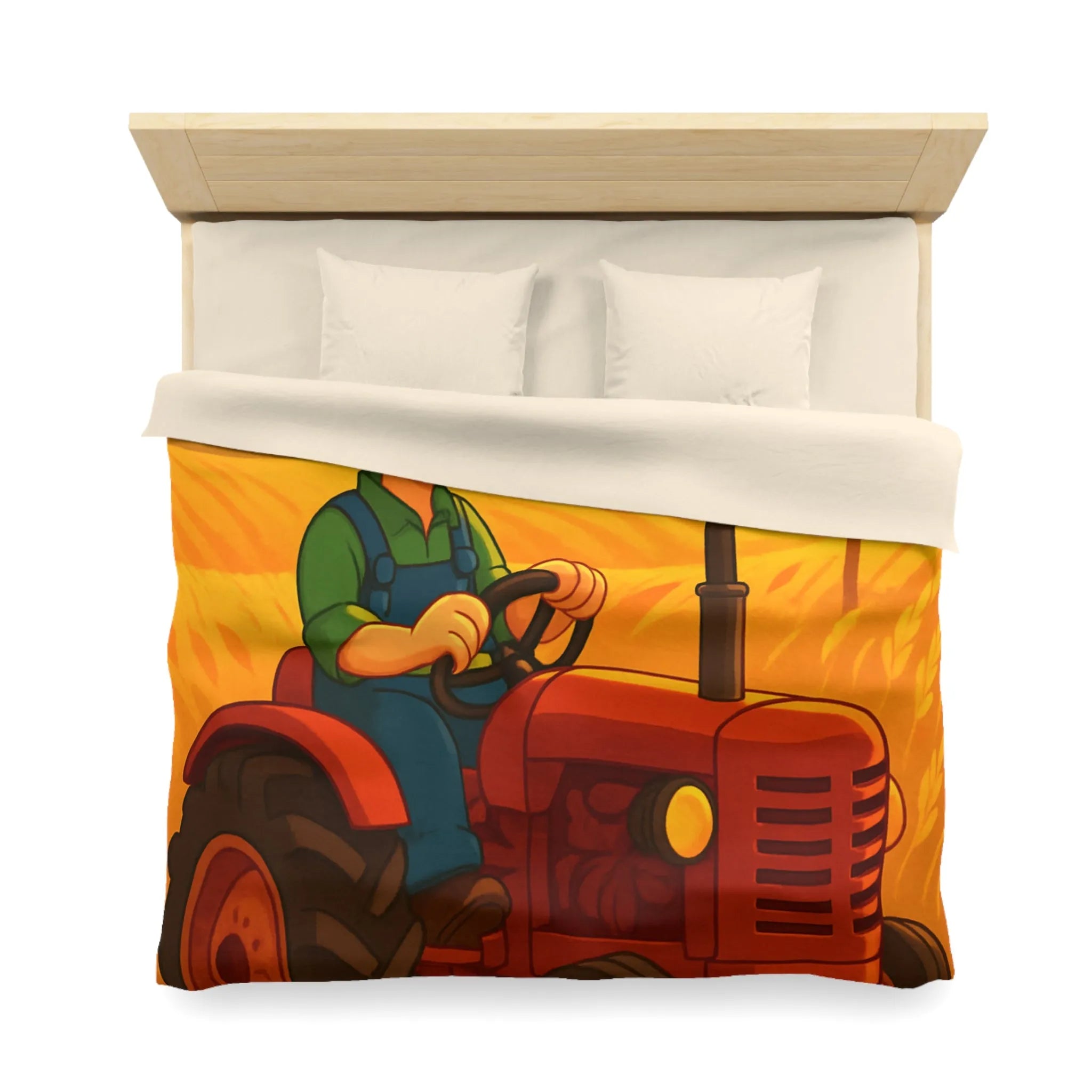 Housse de couette avec motif champêtre : tracteur, épouvantail et champ sous soleil couchant