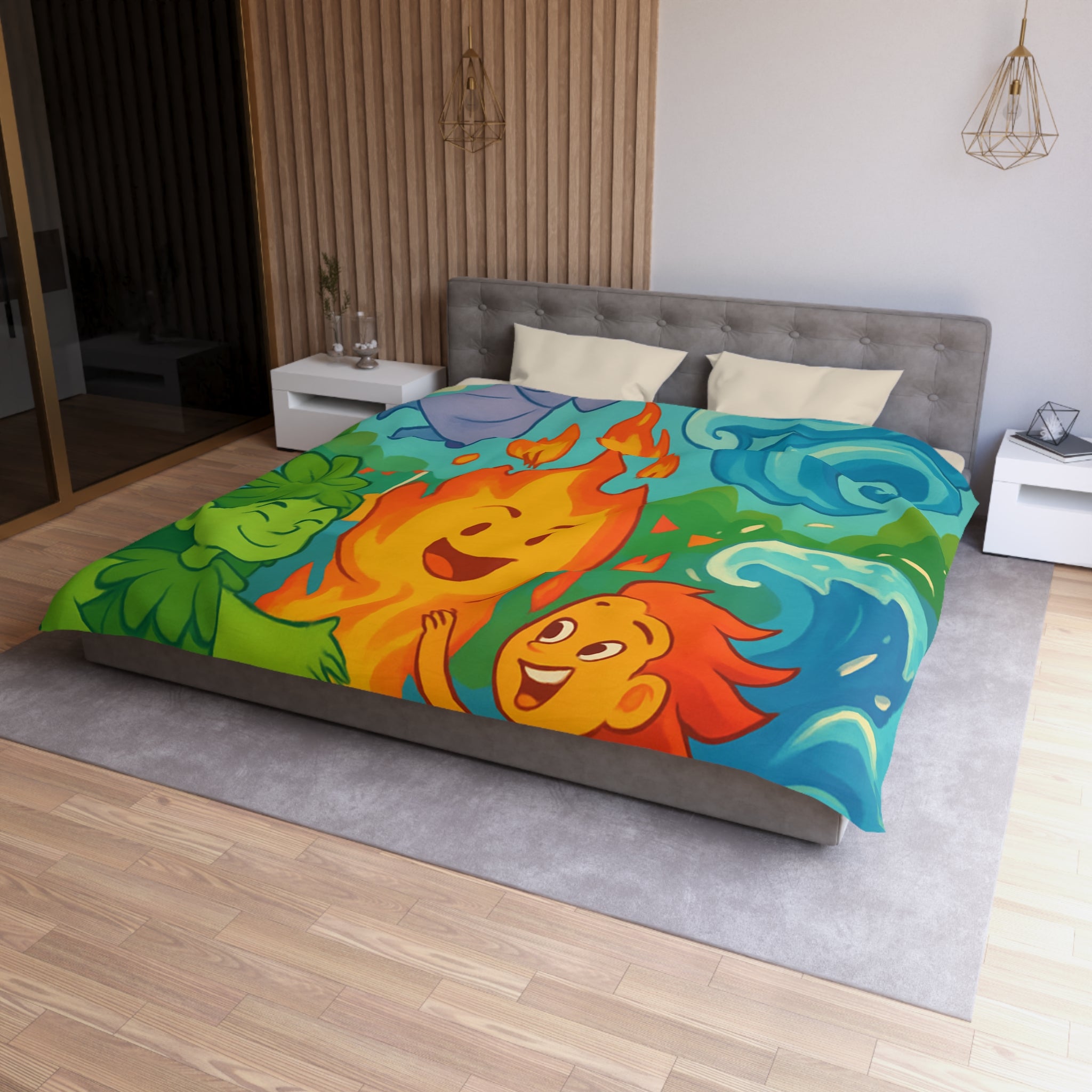 Housse de couette vibrante célébrant les quatre éléments dans un style ludique coloré