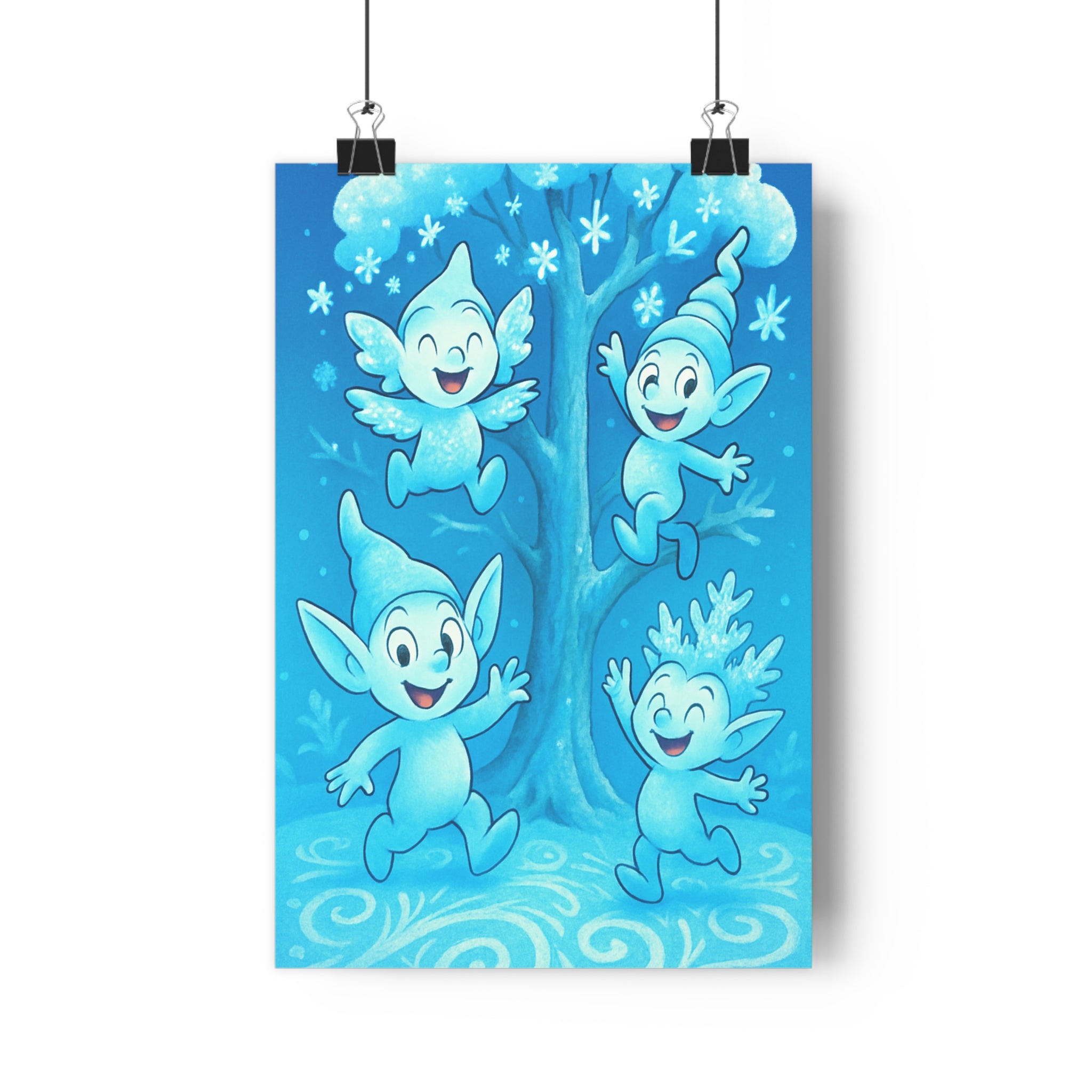 Poster décoratif anime bleu blanc joyeux créature fantastique arbre neige chambre salon magique 30x46