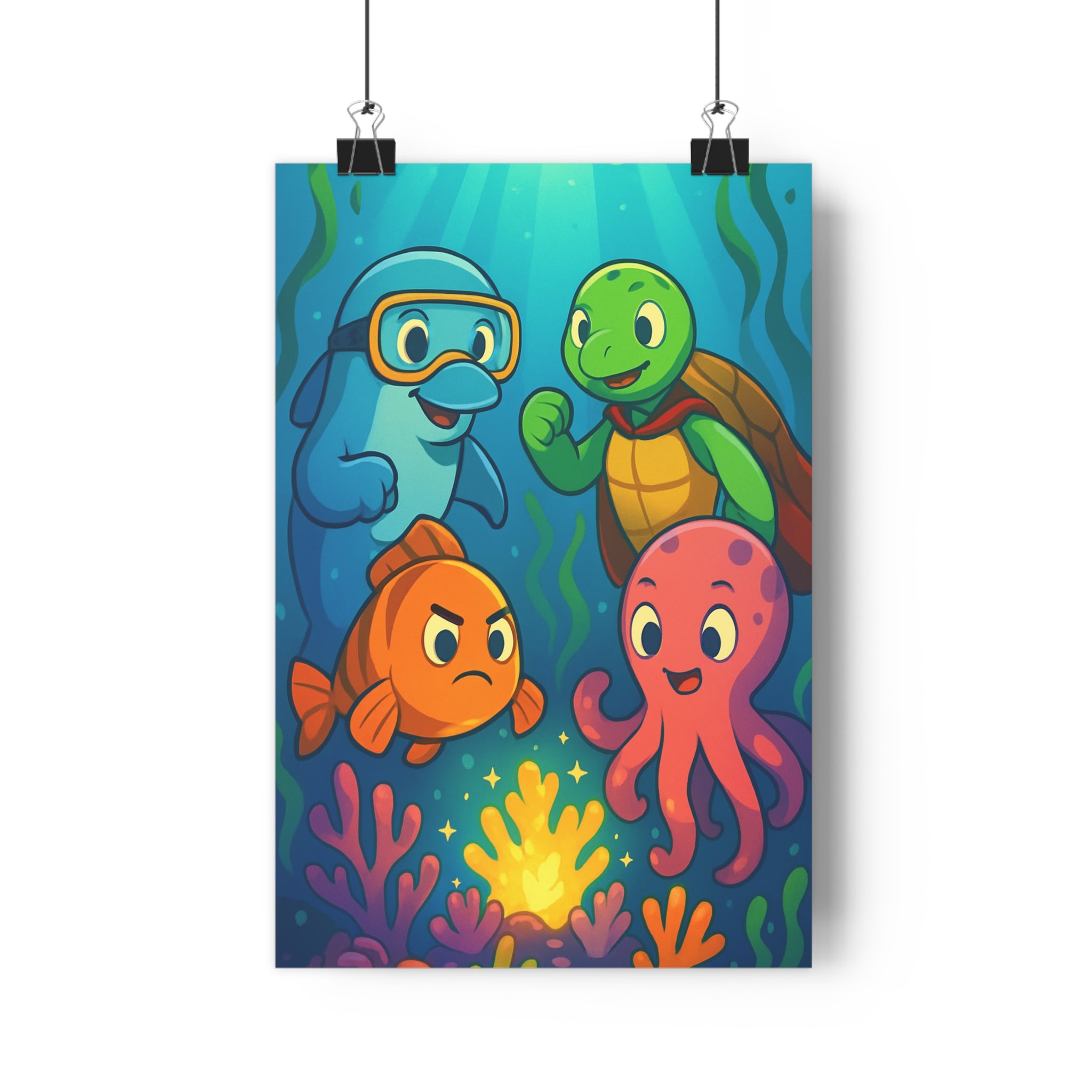 Poster décoratif cartoon couleurs éclatantes chambre enfant ludique vibrant joyeux dauphin tortue pieuvre coraux