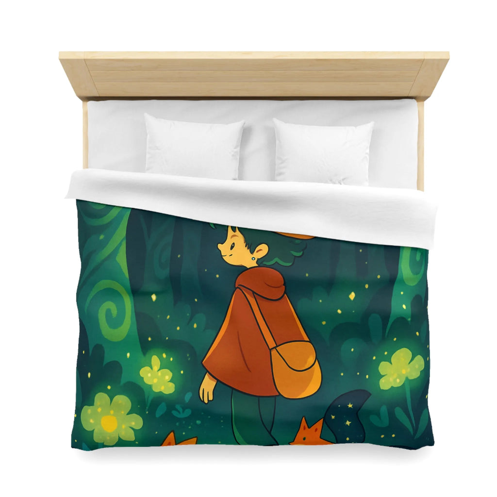 Housse de Couette Forêt Enchantée Enfants Renards Orange Jaune Vert Fantaisie Nuit