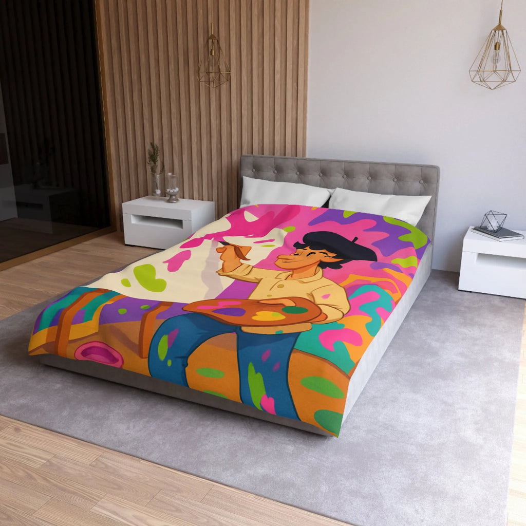 Housse de couette colorée avec artiste joyeux peignant des éclaboussures lumineuses abstraites