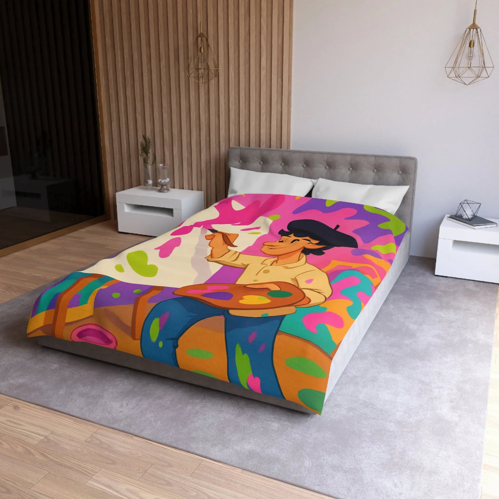 Housse de couette colorée avec artiste joyeux peignant des éclaboussures lumineuses abstraites