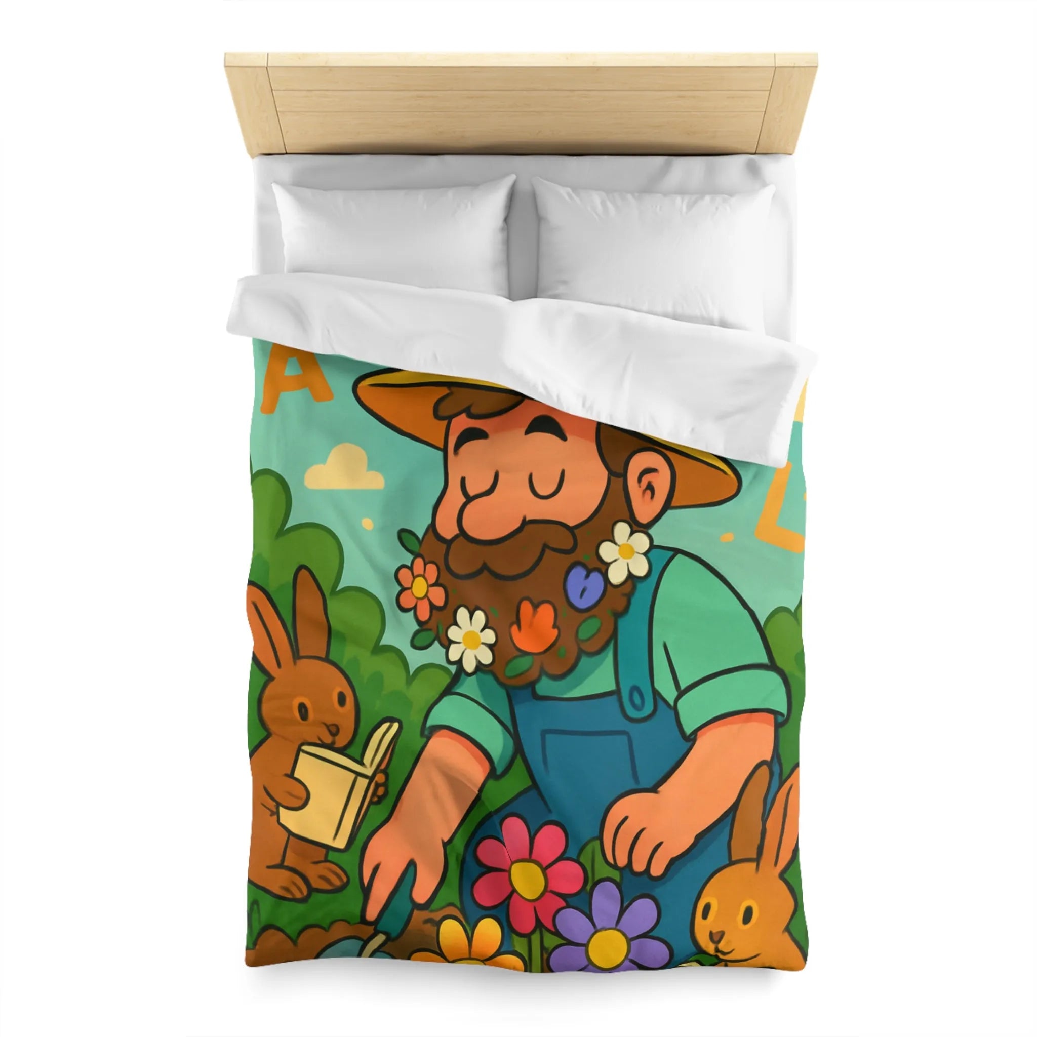 Housse de couette jardin enchanté avec fleurs, lapins et oiseaux colorés pour enfants