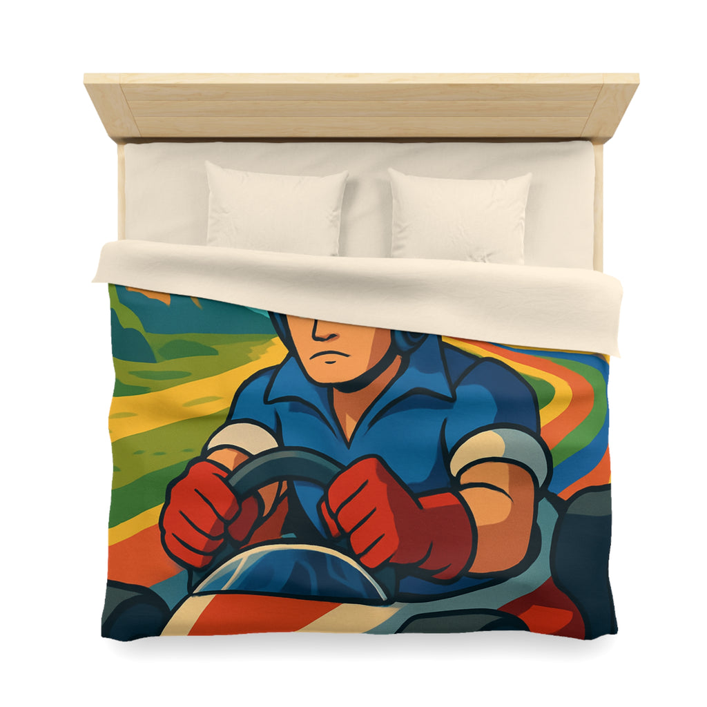 Housse de couette rétro colorée avec pilote de karting sous un arc-en-ciel vibrant
